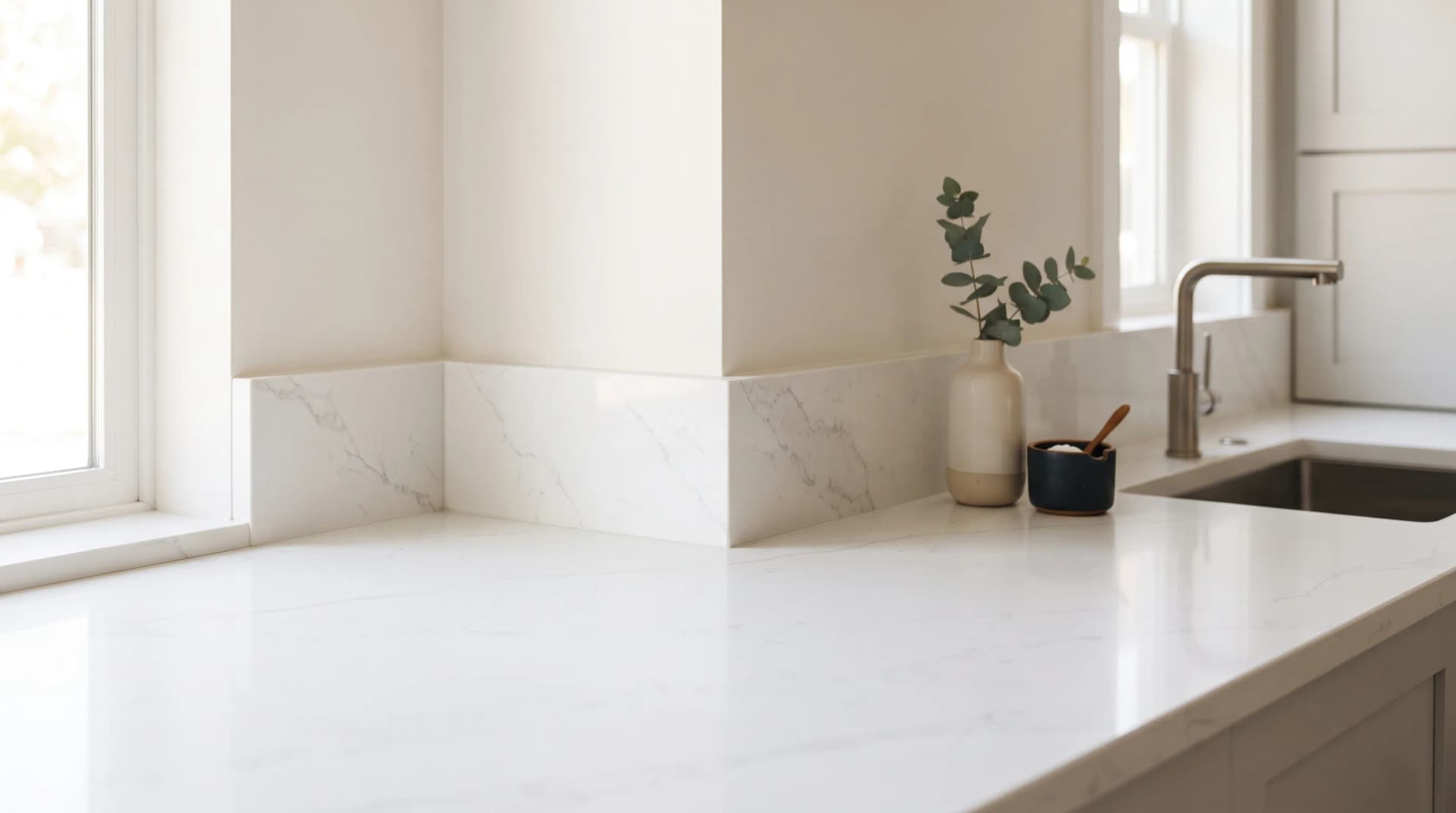 Modern kitchen corner where a white quartz countertop meets the wall with a standard four-inch quartz upstand backsplash