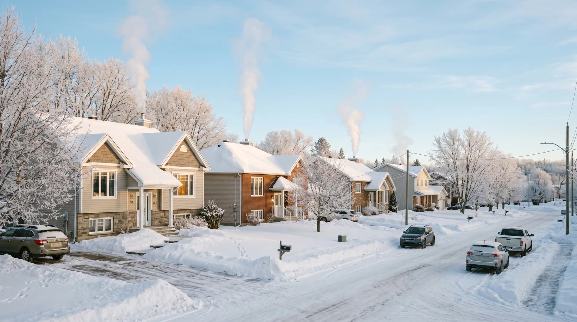 A Skyline Acres Fredericton residential street in deep mid-winter with two-story family homes under heavy snow, hoarfrost-coated maples, plumes of chimney smoke rising straight up, and a brilliantly clear pale-blue inland sky — Distinctive Form serves Fredericton