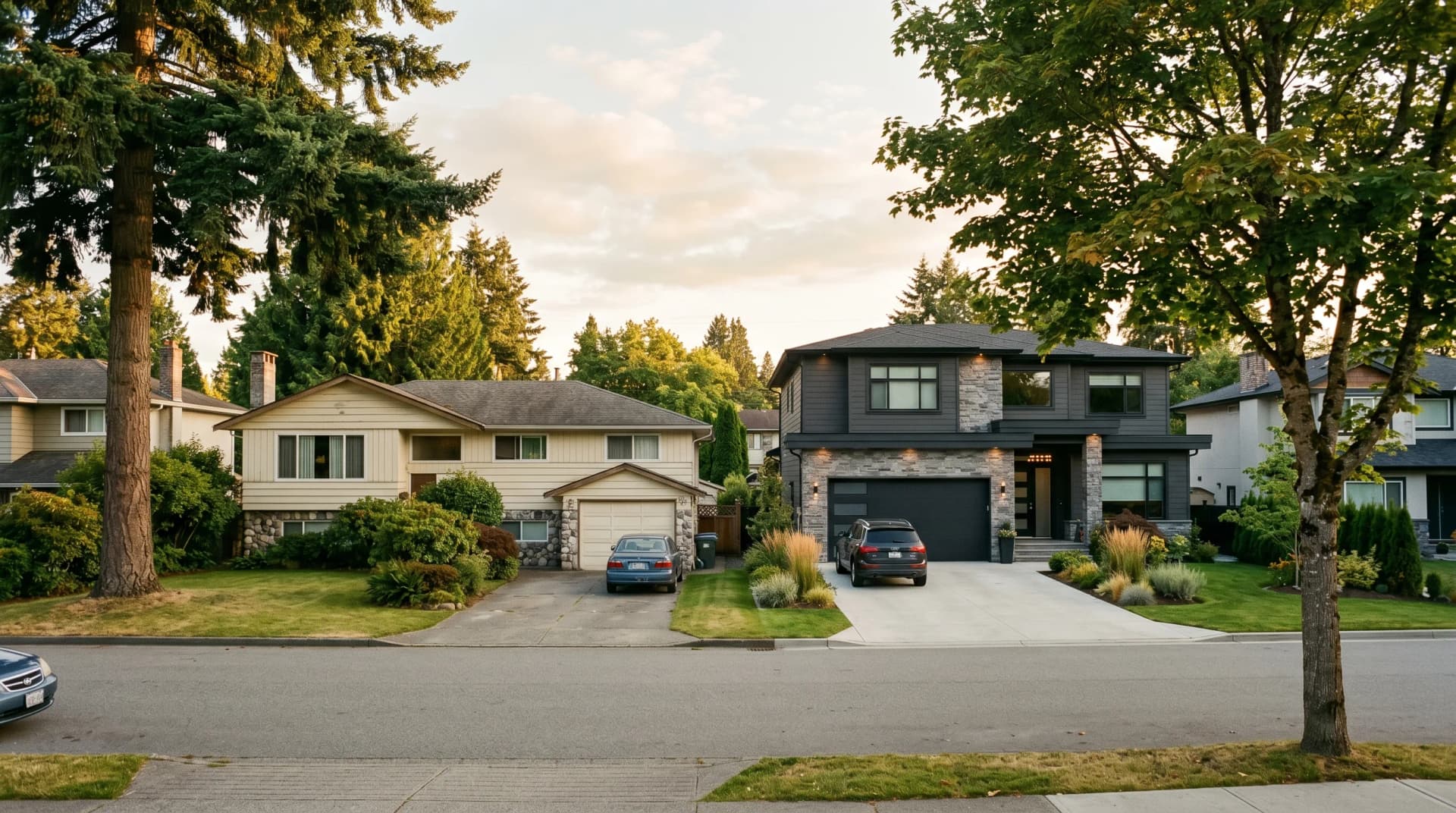 A Surrey residential street showing a 1970s Newton split-level beside a newer 2020s Morgan Creek two-story home framed by Douglas-firs and maples — Distinctive Form serves Surrey