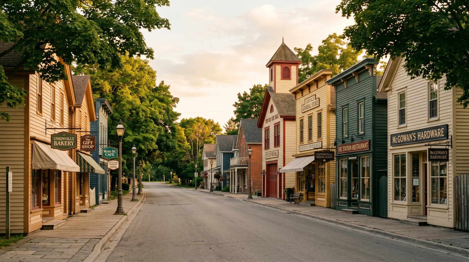 Historic Unionville Main Street in Markham with 19th-century painted clapboard storefronts and hanging wooden shop signs under a canopy of mature maples — Distinctive Form serves Markham