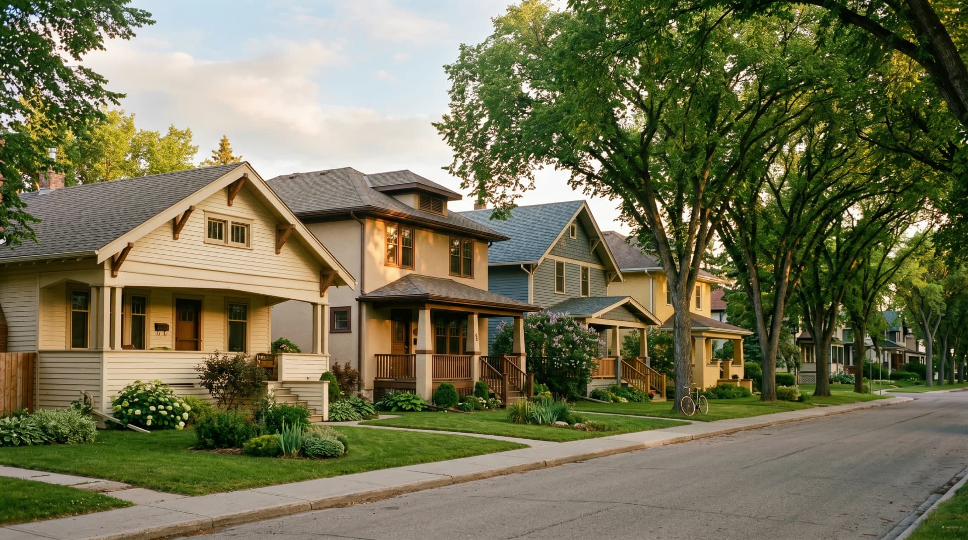 A Cathedral or Lakeview Regina street with early-1900s Craftsman bungalows and foursquares featuring cream clapboard siding, deep front porches and mature American elms forming a green canopy overhead — Distinctive Form serves Regina
