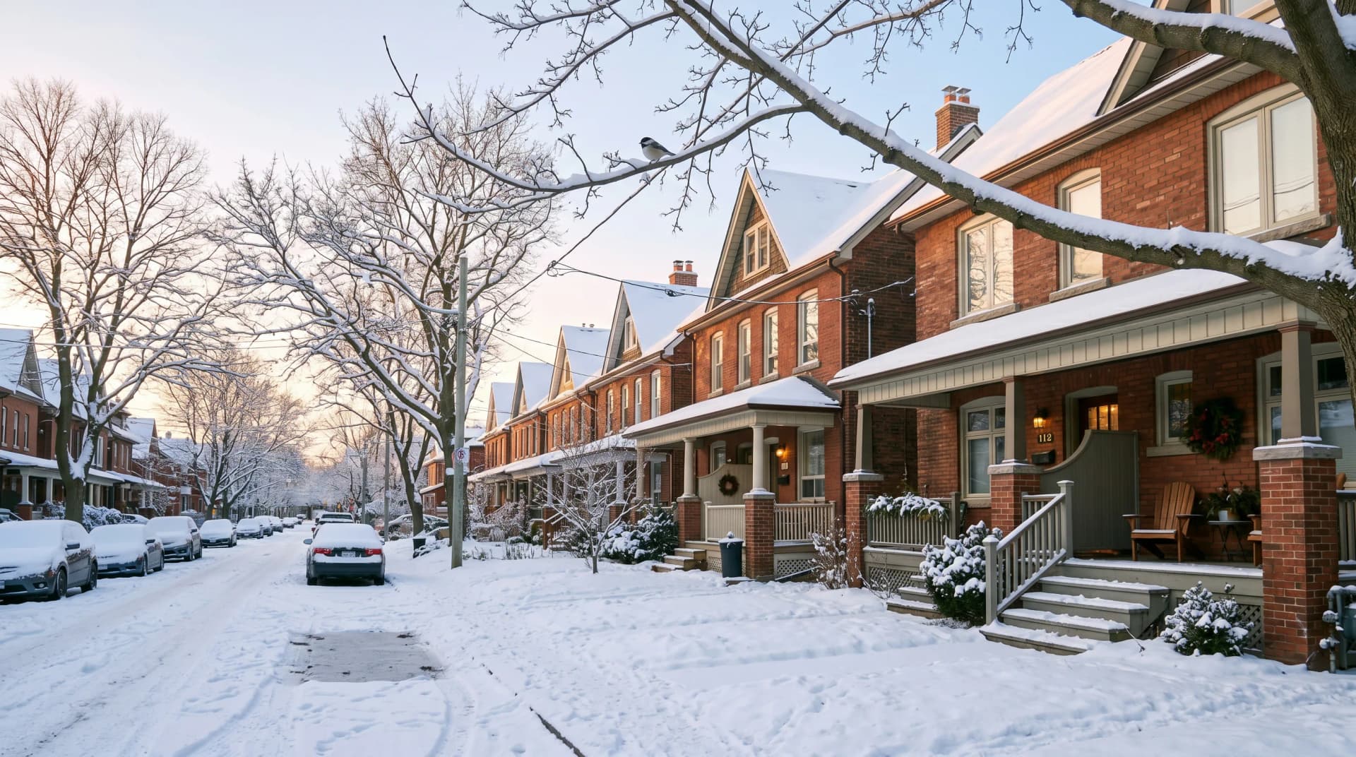 A residential Toronto Riverdale street after a fresh winter snowfall, with snow-blanketed roofs and bare maples in a low warm sunrise — the dramatic seasonal swings Toronto countertops endure