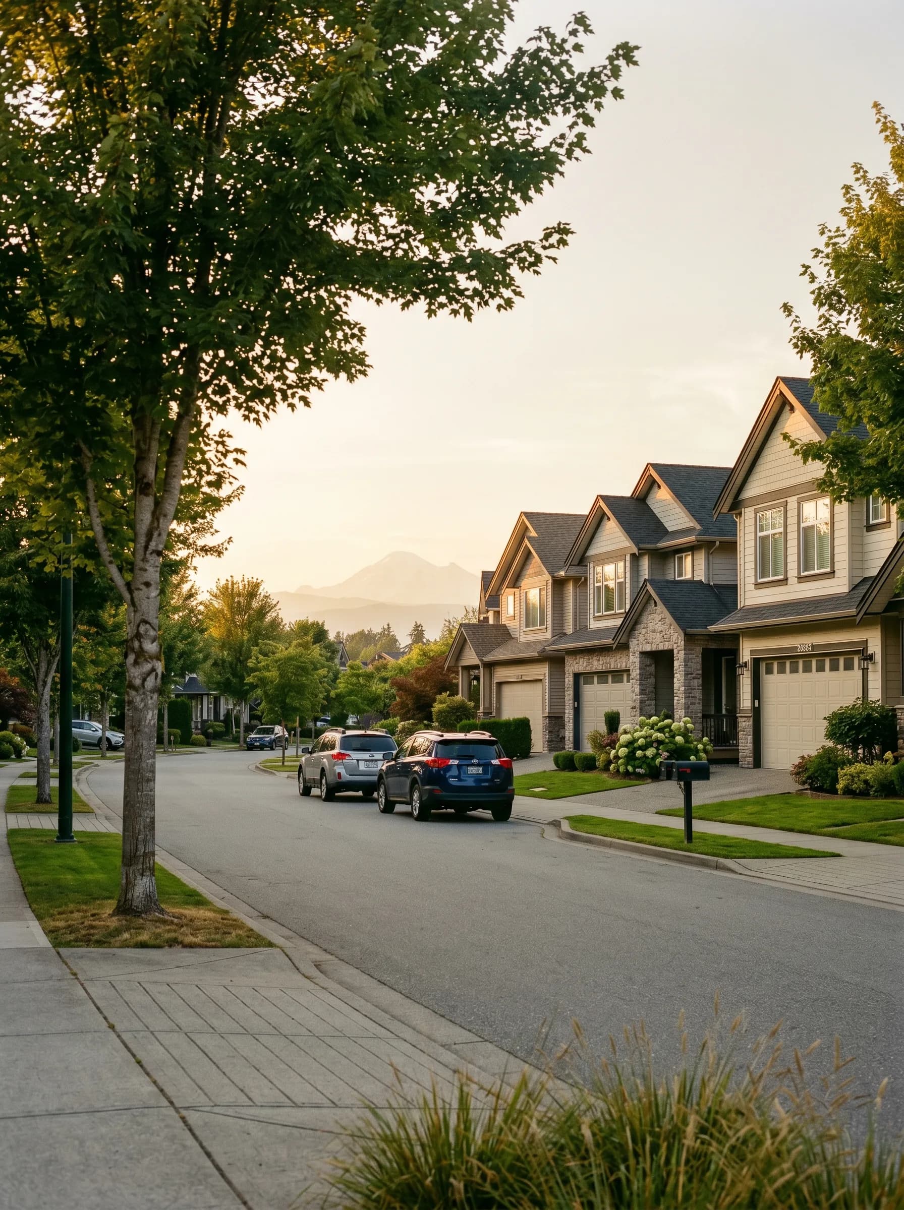 A residential street in Langley, BC with newer two-story siding-and-stone homes and the faint silhouette of Mount Baker in the distance — Distinctive Form serves Langley City and Township