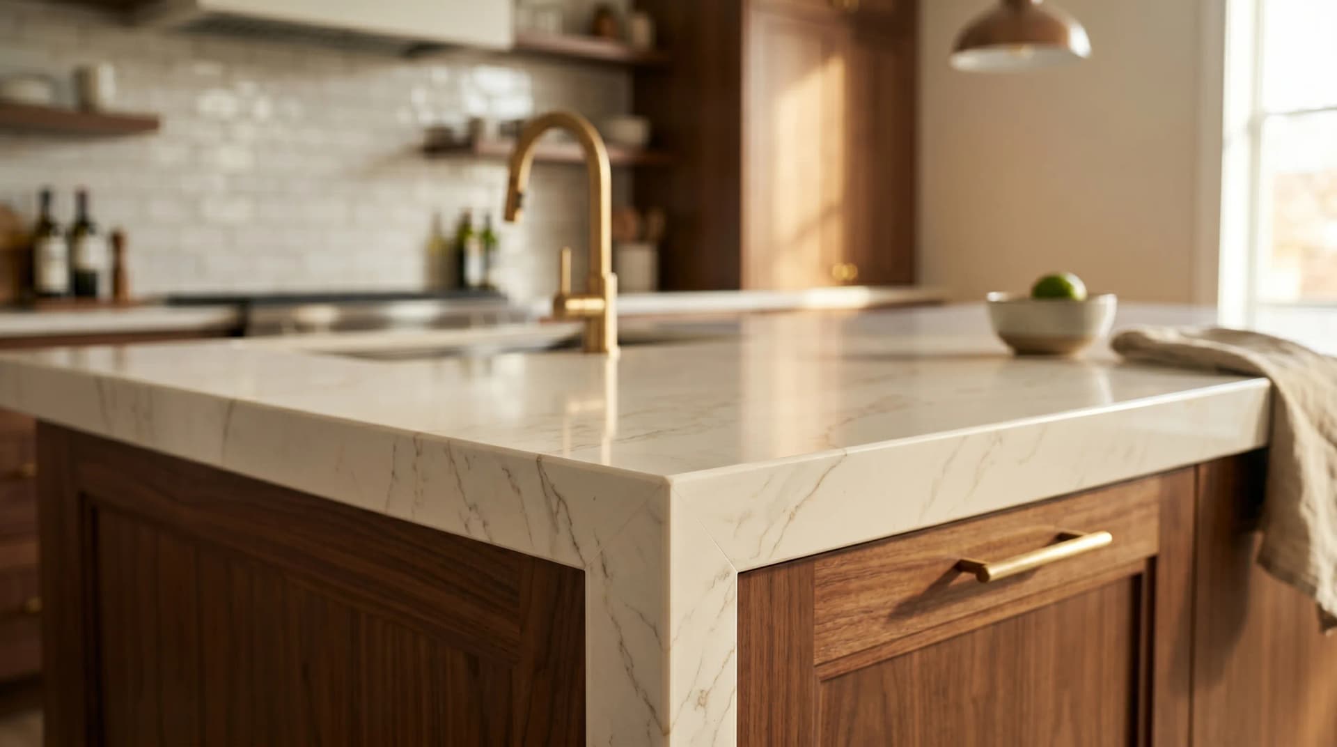 Distinctive Form premium quartz and porcelain countertops for Hamilton homes — a close-up of a polished engineered quartz countertop with a clean mitered edge profile.