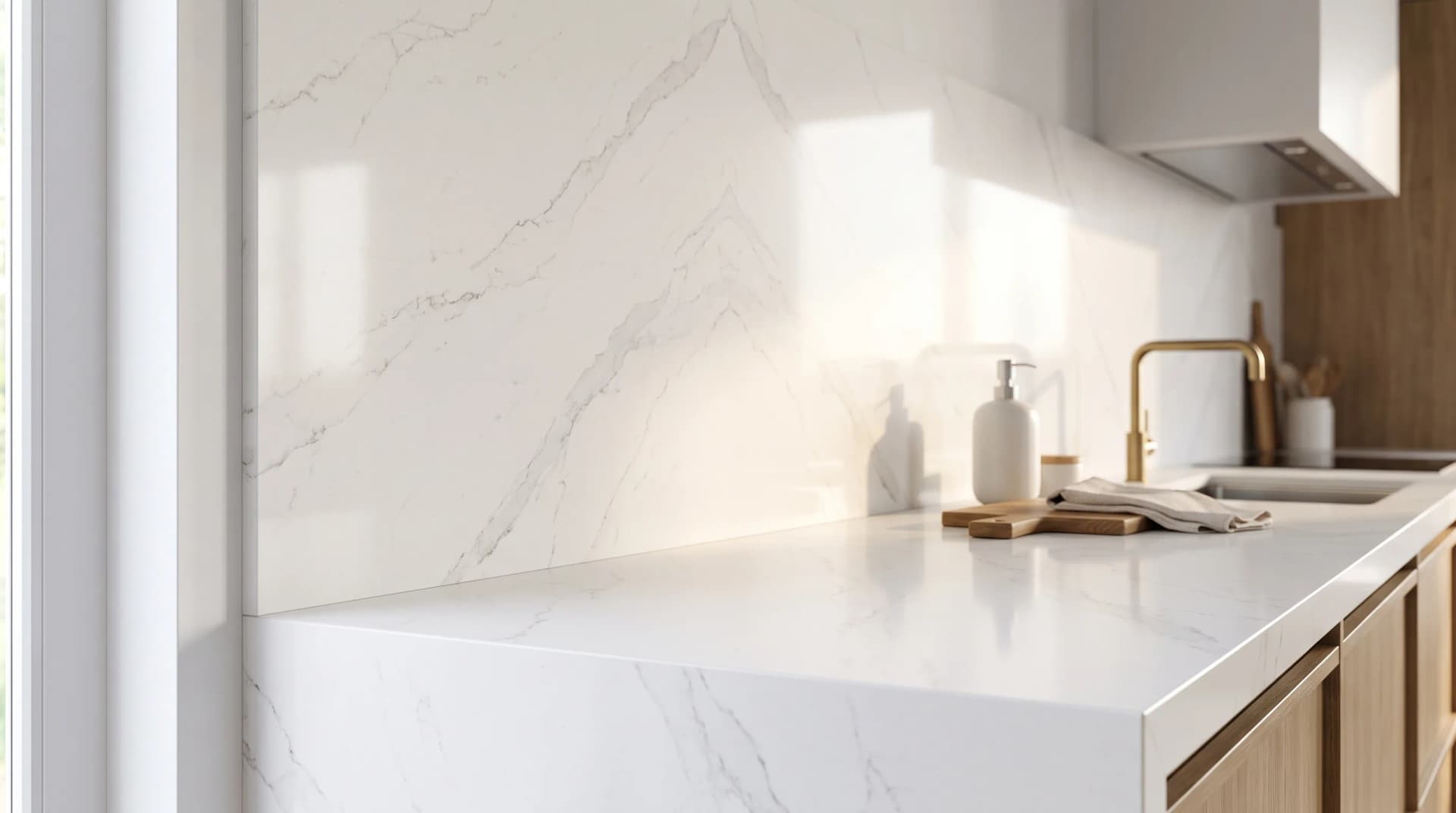 Quartz countertop veining continuing seamlessly up a full-height backsplash, creating a book-matched marble-look effect