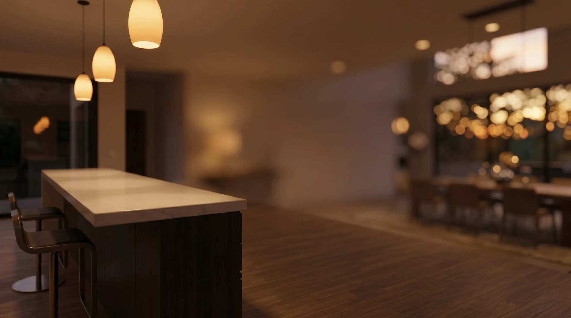Warm evening entertaining scene with a polished engineered porcelain bar countertop in a luxury Halifax home, soft amber pendant lighting and twilight bokeh — Distinctive Form premium quartz and porcelain countertop fabrication and installation