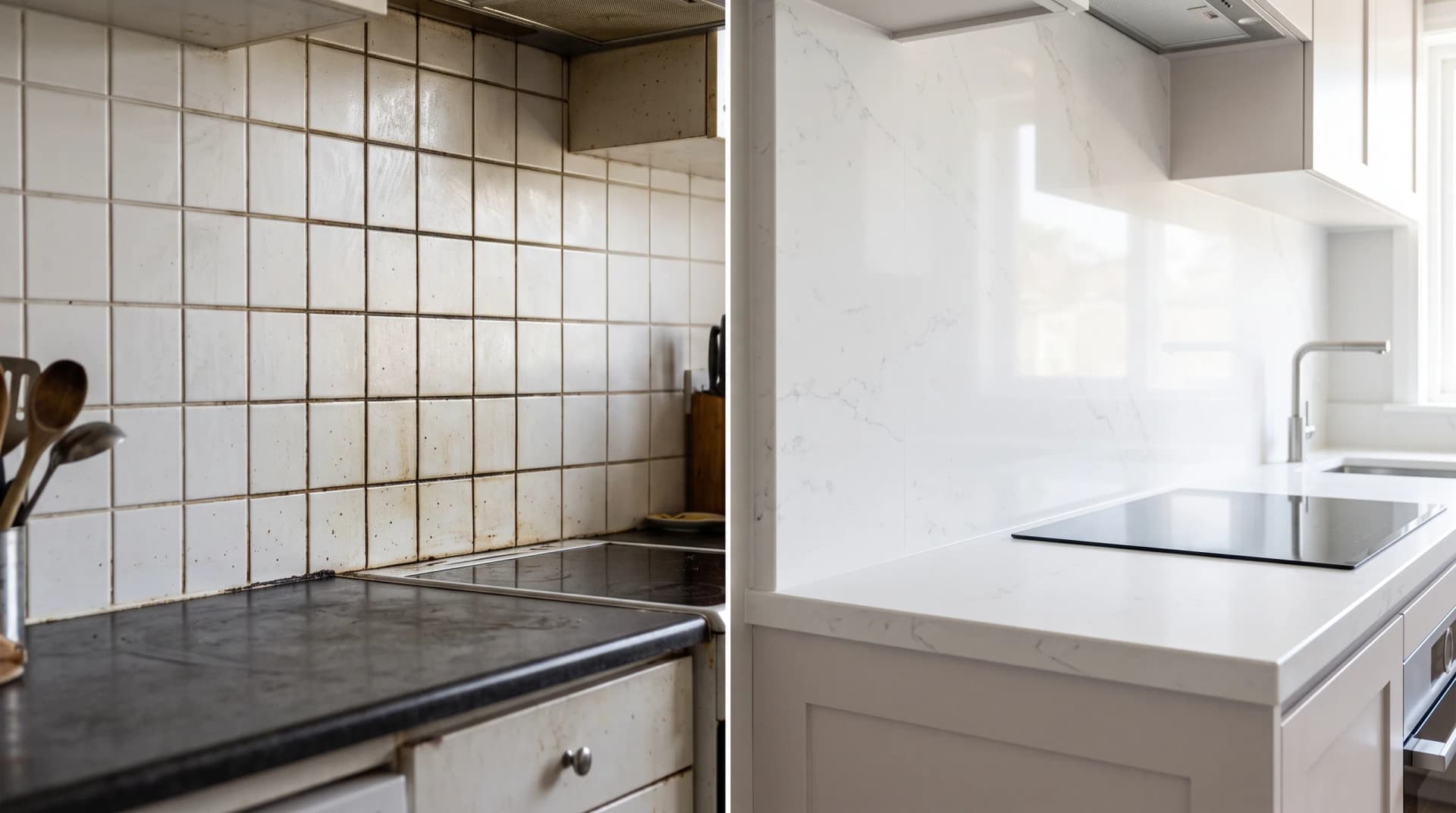 Side-by-side comparison showing darkened grout lines on a tile backsplash versus a seamless grout-free quartz backsplash
