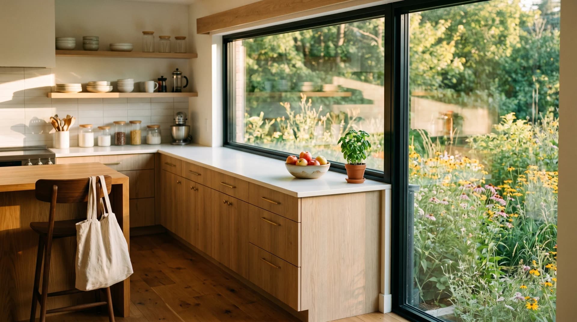 An environmentally conscious Kortright Hills Guelph kitchen with a pale quartz countertop with an eased edge on reclaimed-look white-oak cabinetry, a full-height window onto a native-pollinator garden and a small potted herb on the counter — Distinctive Form serves Guelph