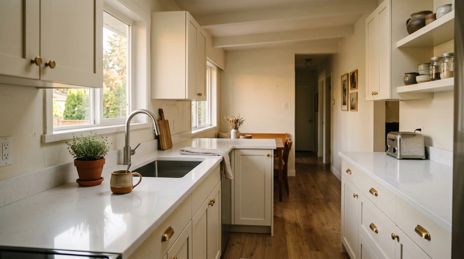 A renovated 1970s Lincoln Park or Shaughnessy Port Coquitlam compact galley kitchen at golden hour with a polished white engineered quartz countertop, eased edge, refreshed cream shaker cabinetry, a deep undermount sink, and a precise fit against slightly out-of-square walls — Distinctive Form serves Port Coquitlam