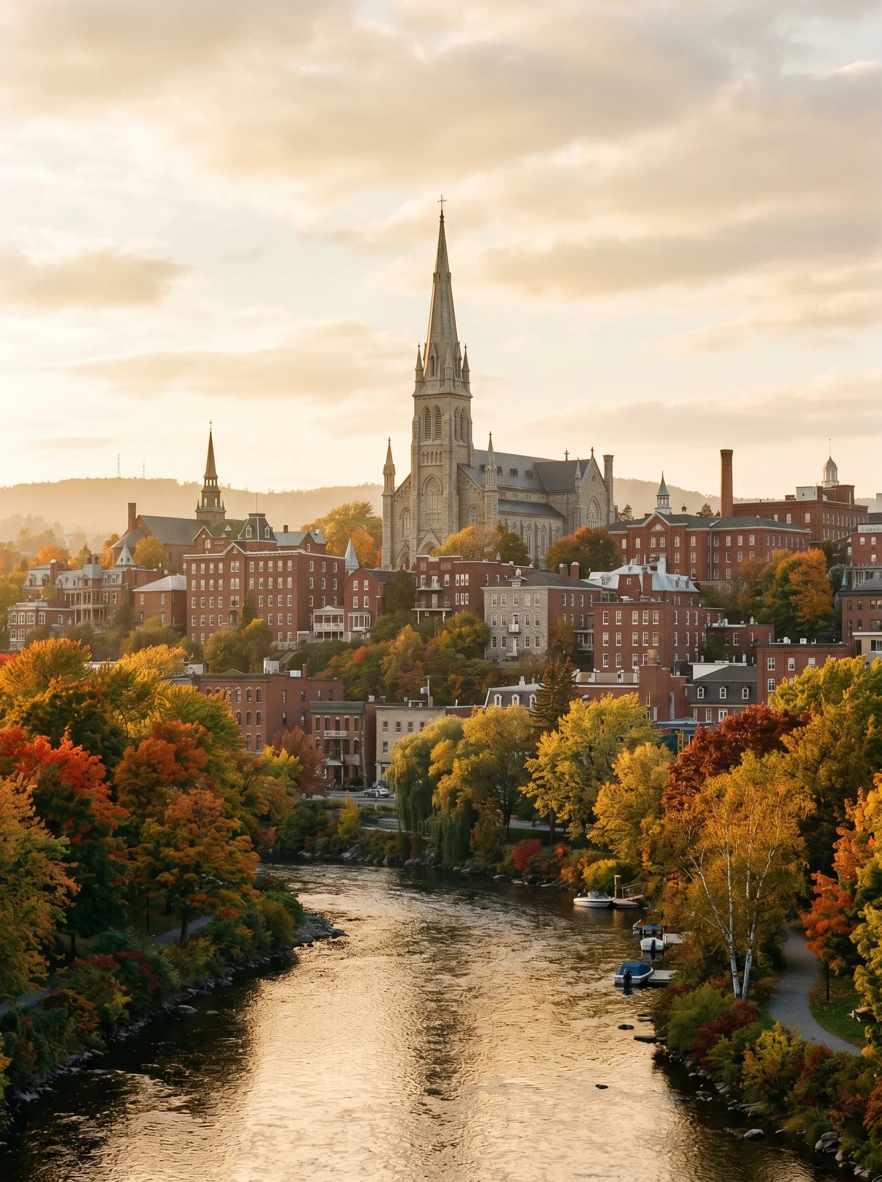 Downtown Sherbrooke on a hillside with the Saint-Michel Cathedral spire and the Magog River winding below at autumn golden hour — Distinctive Form serves Sherbrooke and the Eastern Townships