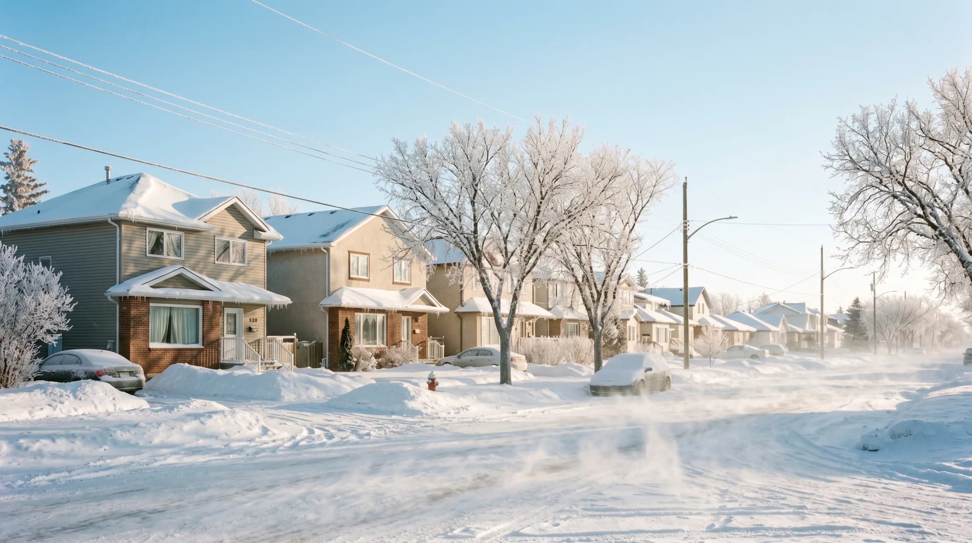 A South End or Green Acres Brandon residential street in deep mid-winter with severe snow accumulation, hoarfrost-coated bare trees, and a ground blizzard of wind-whipped snow streaming horizontally under a clear pale-blue prairie sky — the open-corridor wind chill Distinctive Form serves Brandon through