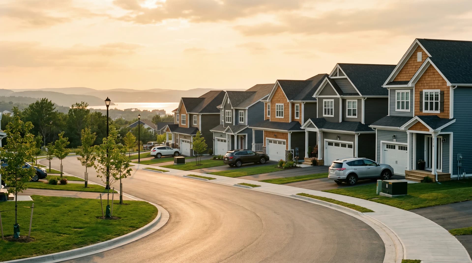 A newly-completed Bedford or Bedford West Halifax suburban community with 2020s Atlantic-Canadian detached homes, fresh sod lawns, and a glimpse of the Bedford Basin in the distance — the booming HRM new-build communities Distinctive Form serves in Halifax