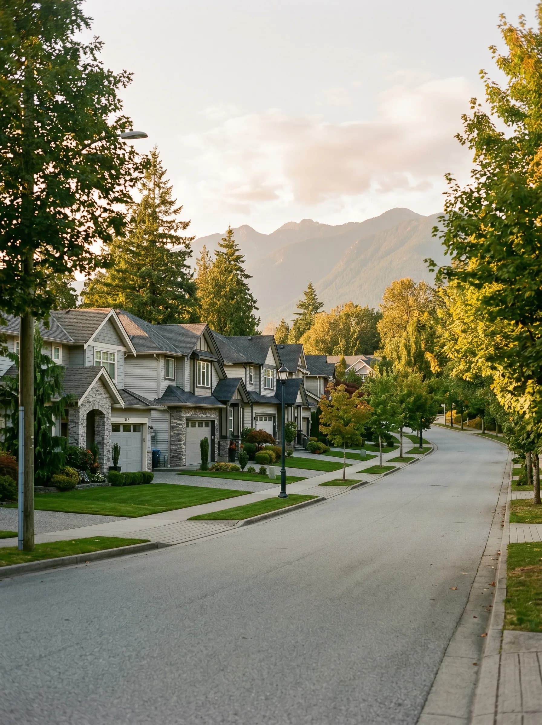 A residential street in Coquitlam, BC with newer two-story detached homes and the distant Coast Mountain ridgeline — Distinctive Form serves Coquitlam and the Tri-Cities