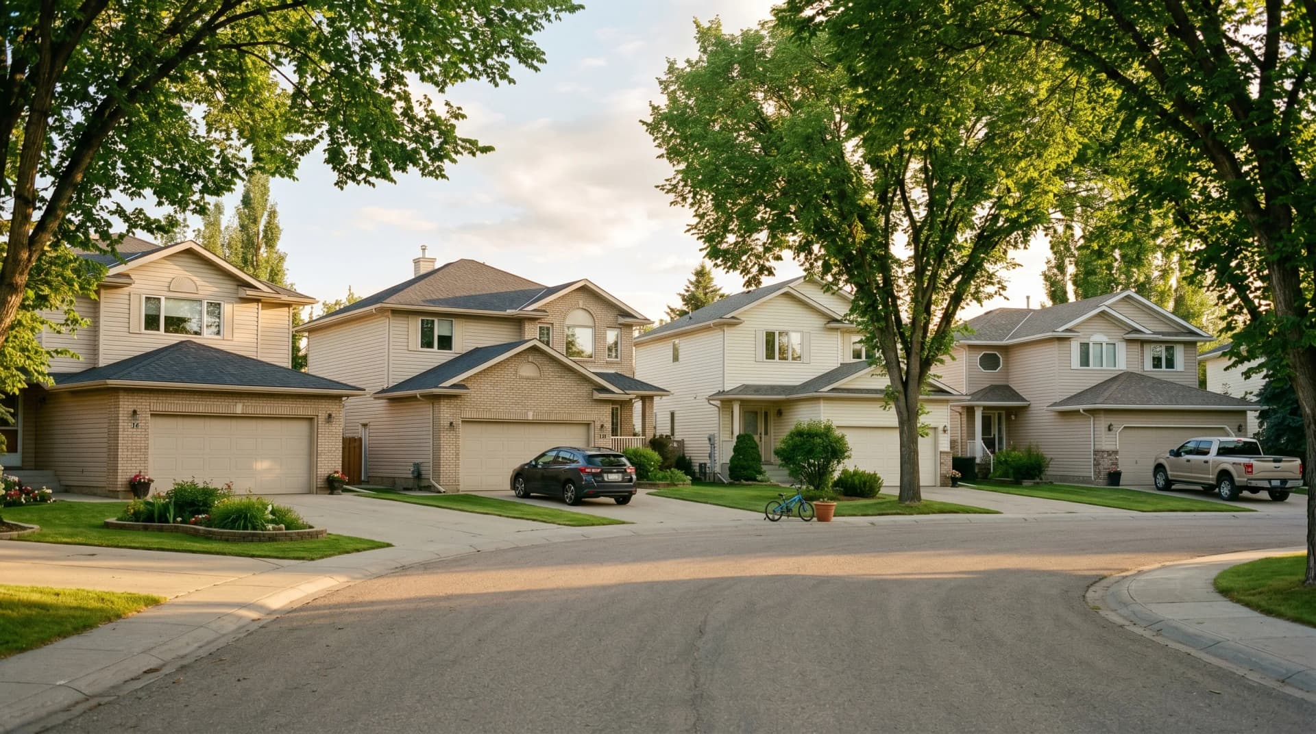 A quiet established Lacombe Park or Akinsdale St. Albert residential street at golden hour with 1980s-1990s two-story family homes, mature green ash trees overhead and a child's bicycle on a front walkway — the family-dense neighbourhoods Distinctive Form serves in St. Albert