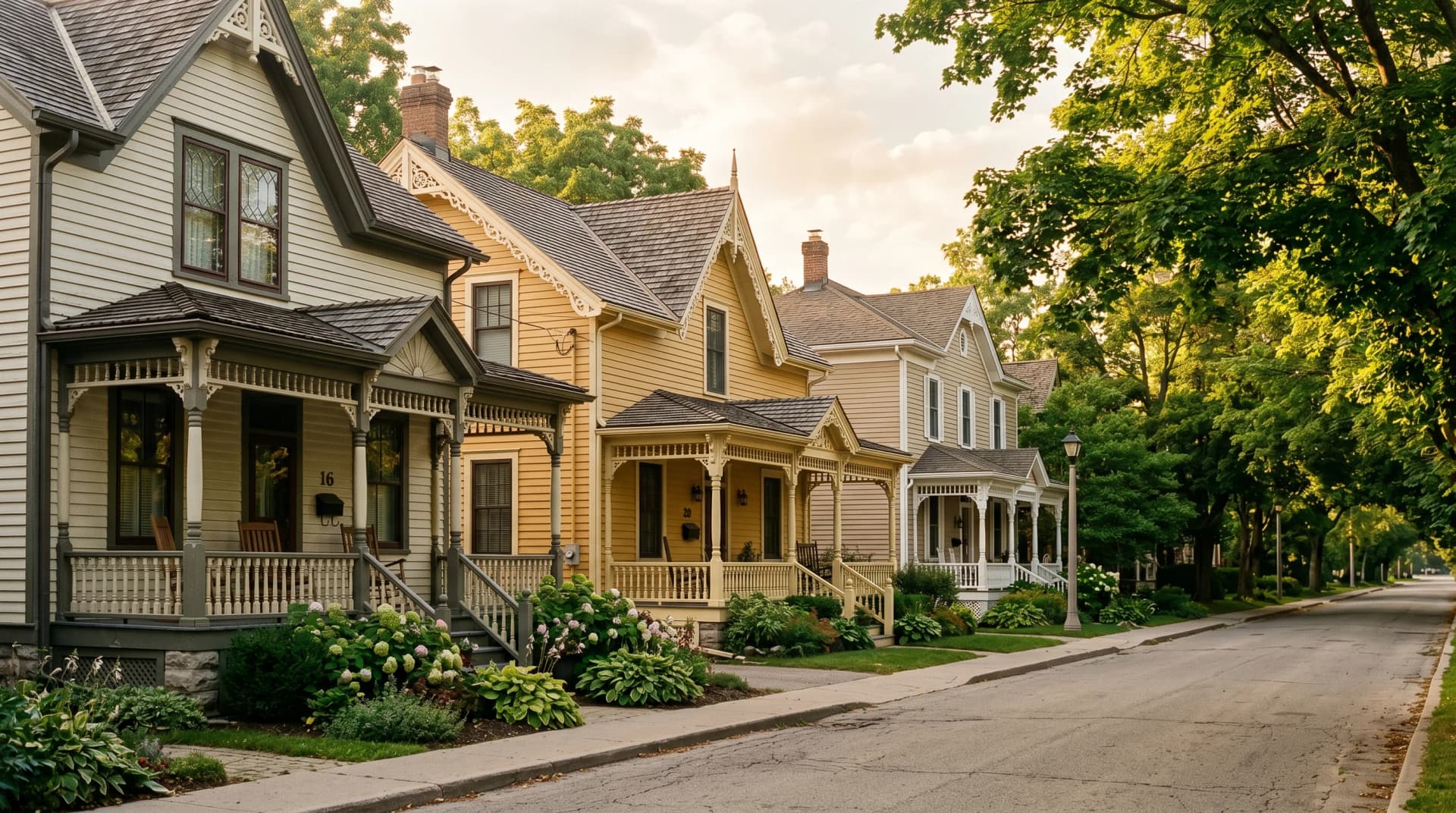 A preserved 1880s Downtown Oakville heritage street of yellow and cream clapboard homes with gingerbread trim, deep front porches and leaded-glass windows under an arching canopy of mature walnuts and maples at golden hour — Distinctive Form serves Oakville