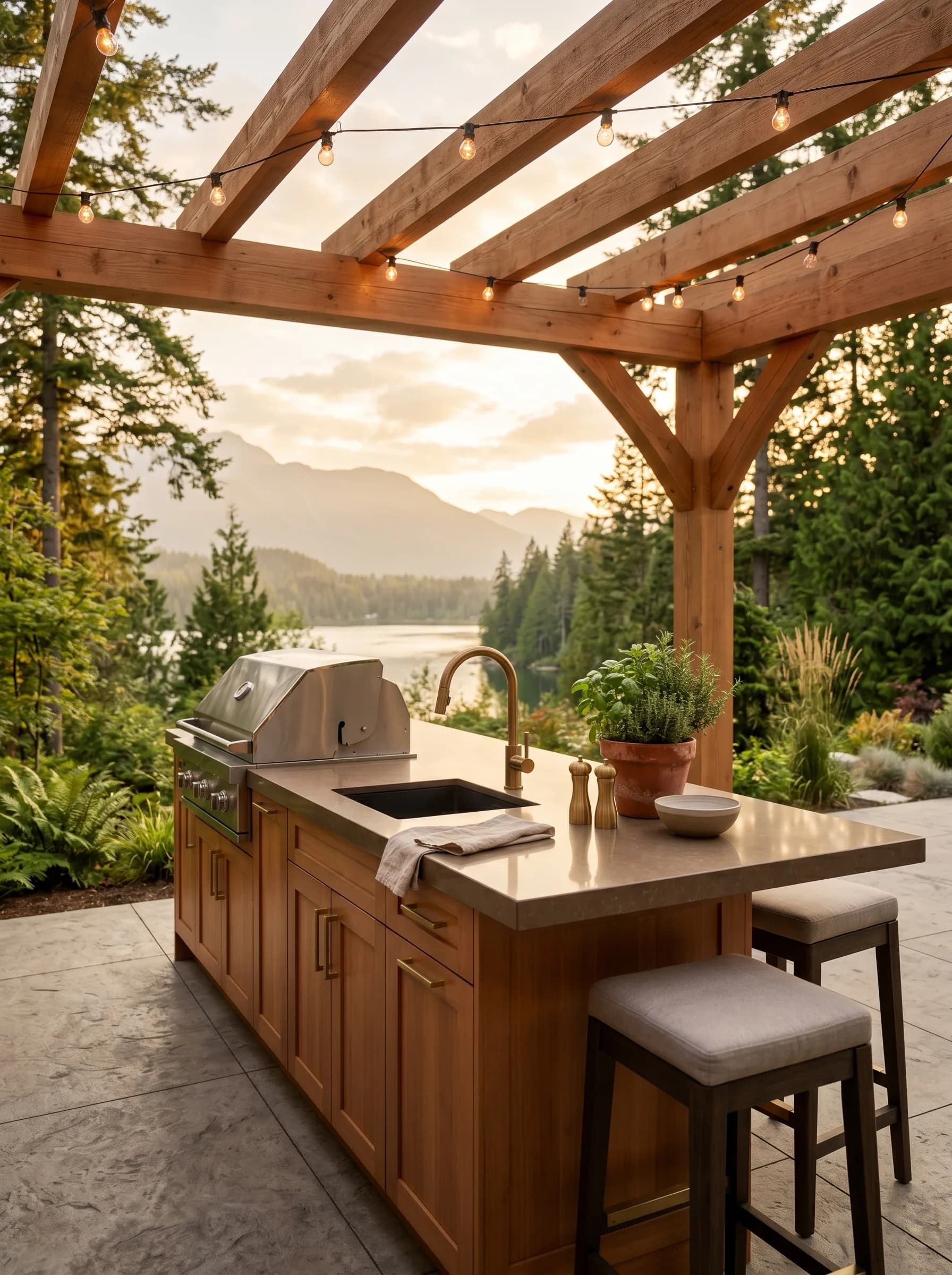 Luxury Canadian outdoor patio kitchen with a polished engineered porcelain counter under a cedar pergola, framed by a soft mountain landscape — Distinctive Form premium countertops