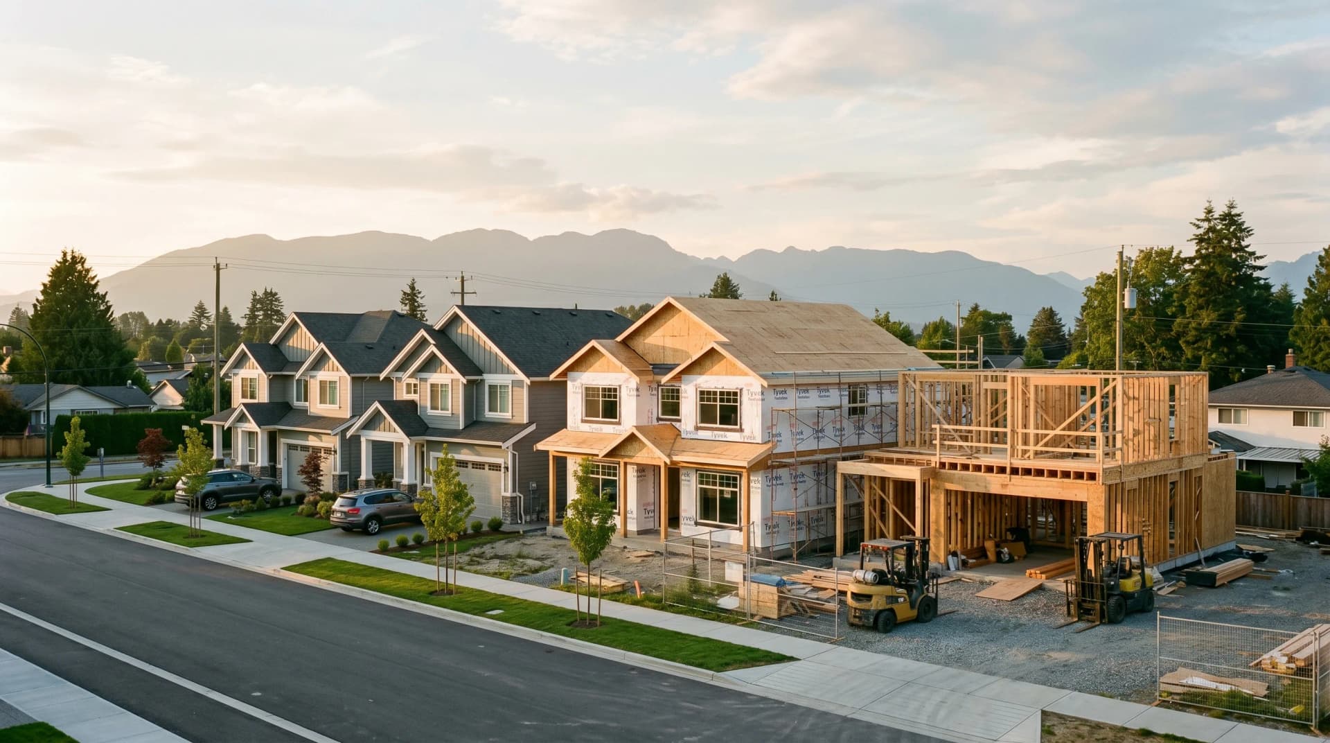 A new Cloverdale or Panorama Ridge Surrey subdivision with completed two-story homes alongside others still under framing and Tyvek wrap, with the North Shore coastal mountains in distant haze — Distinctive Form serves Surrey