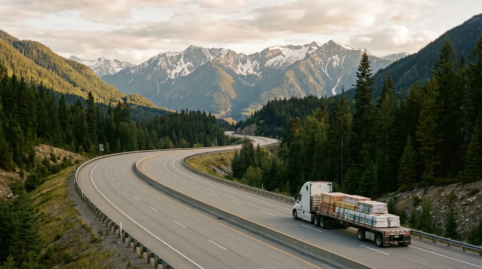 The Coquihalla Highway 5 stretching north through the Interior BC mountain pass toward Kamloops at golden hour with a single white delivery truck loaded with secured palletized building materials and high snow-streaked peaks beyond — Distinctive Form serves Kamloops