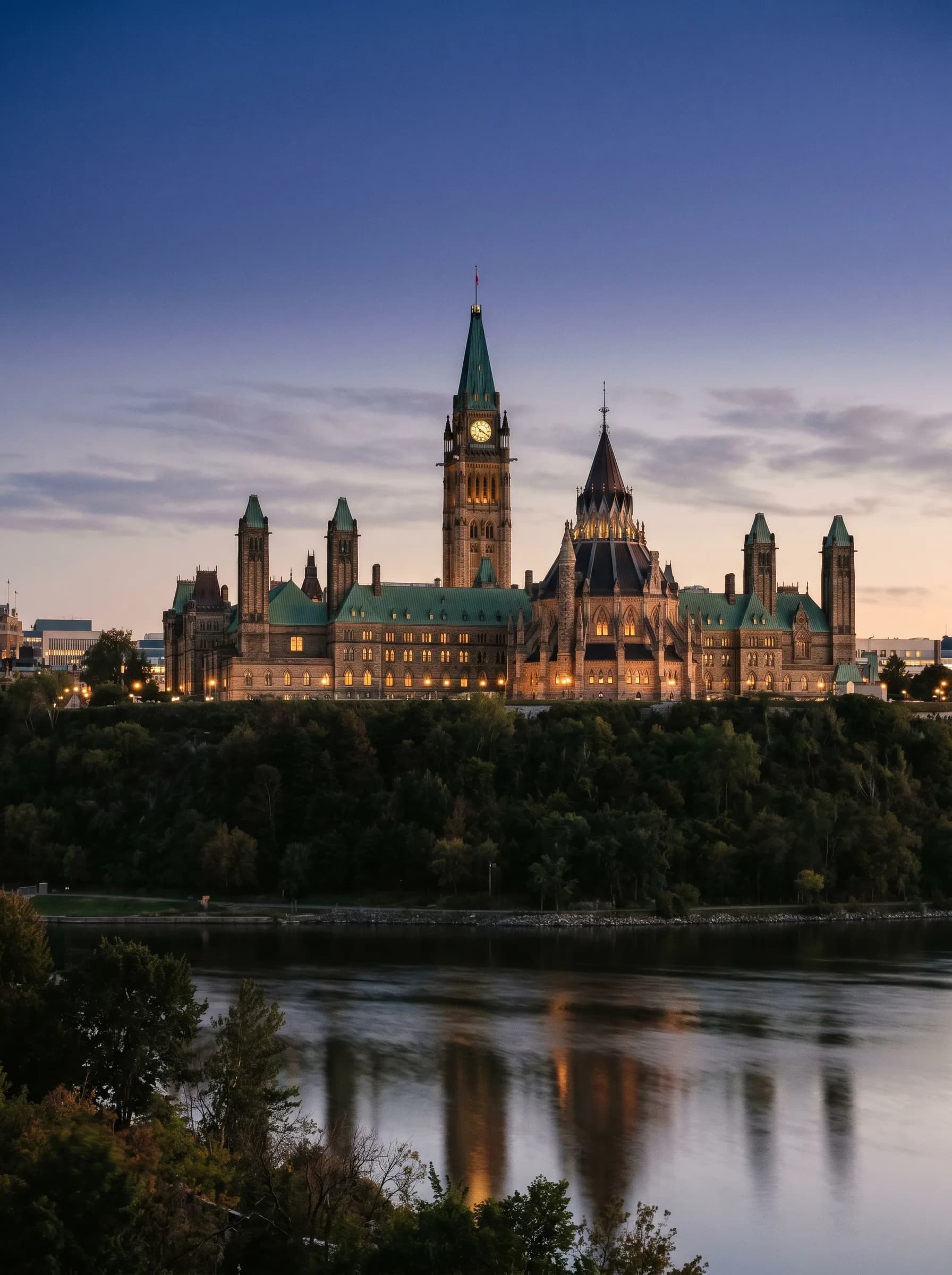 Parliament Hill in Ottawa at blue-hour twilight viewed across the Ottawa River — Distinctive Form serves Canada's capital region