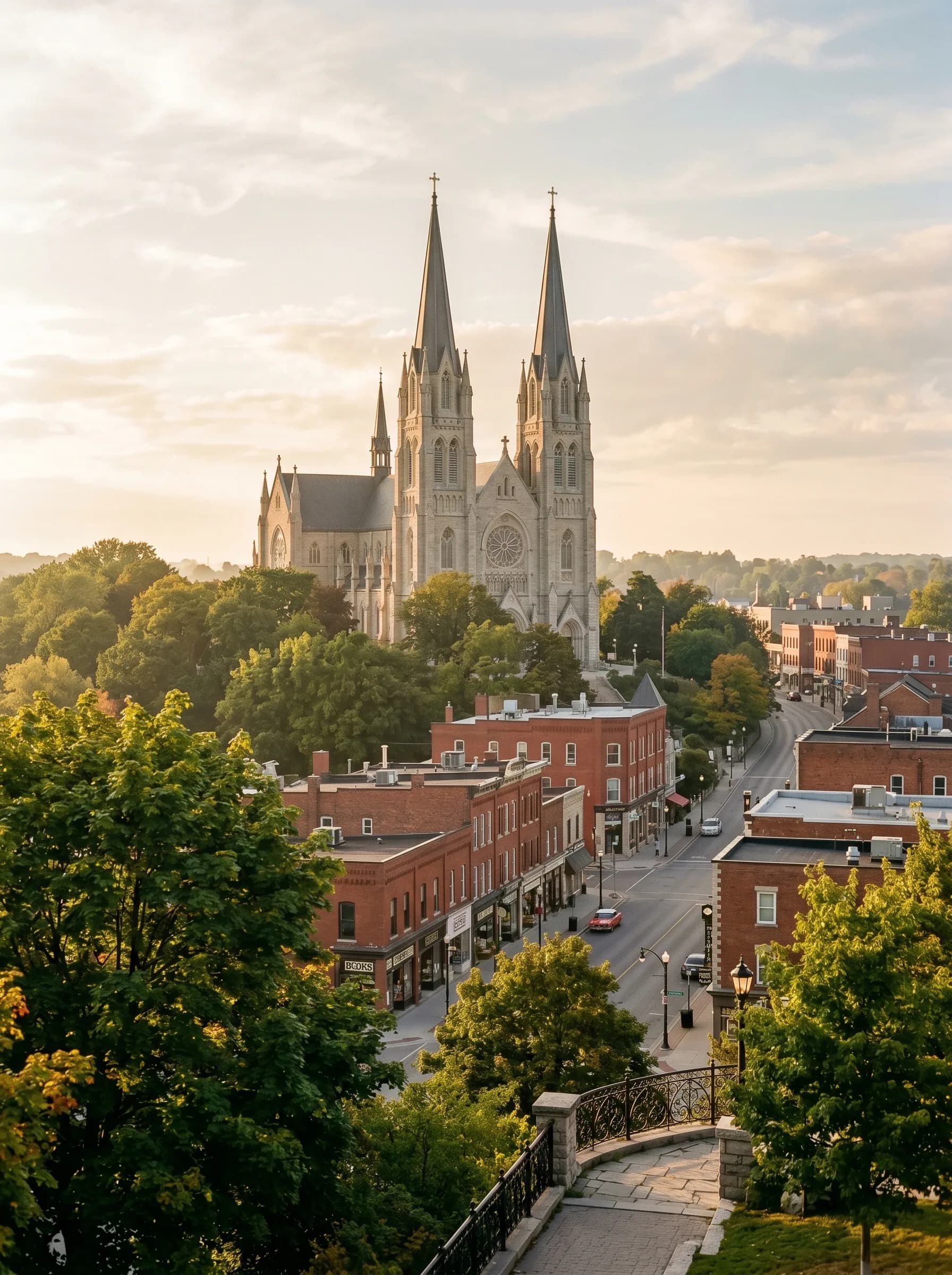 The twin-spired Basilica of Our Lady Immaculate rising above the red-brick heritage commercial buildings of downtown Guelph at golden hour — Distinctive Form serves Guelph and Wellington County