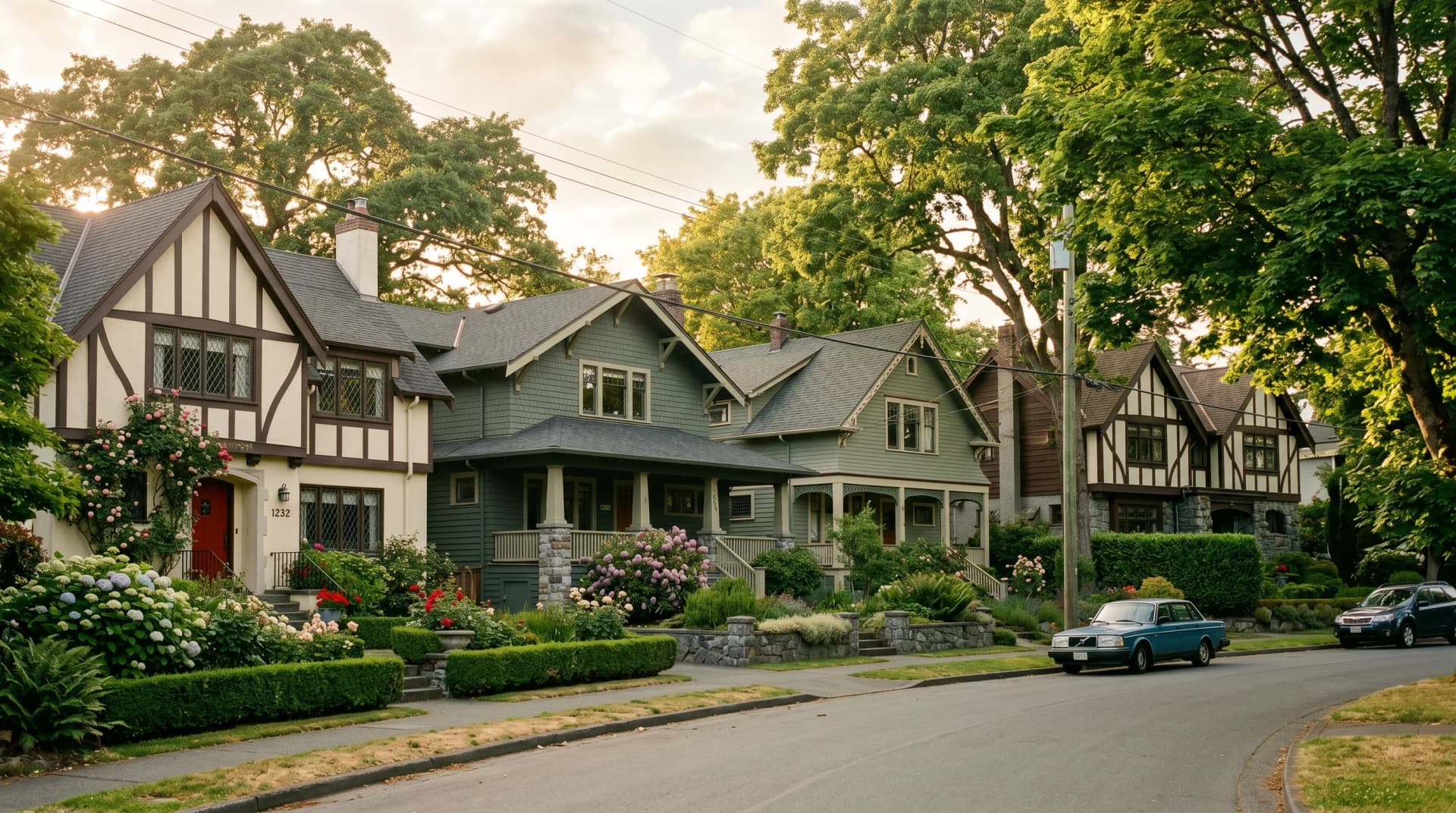 A heritage residential street in Oak Bay or Rockland with early-1900s Victoria Tudor Revival and Edwardian homes, mature oaks, and traditional English-style hedgerows at golden hour — the heritage homes Distinctive Form serves in Victoria