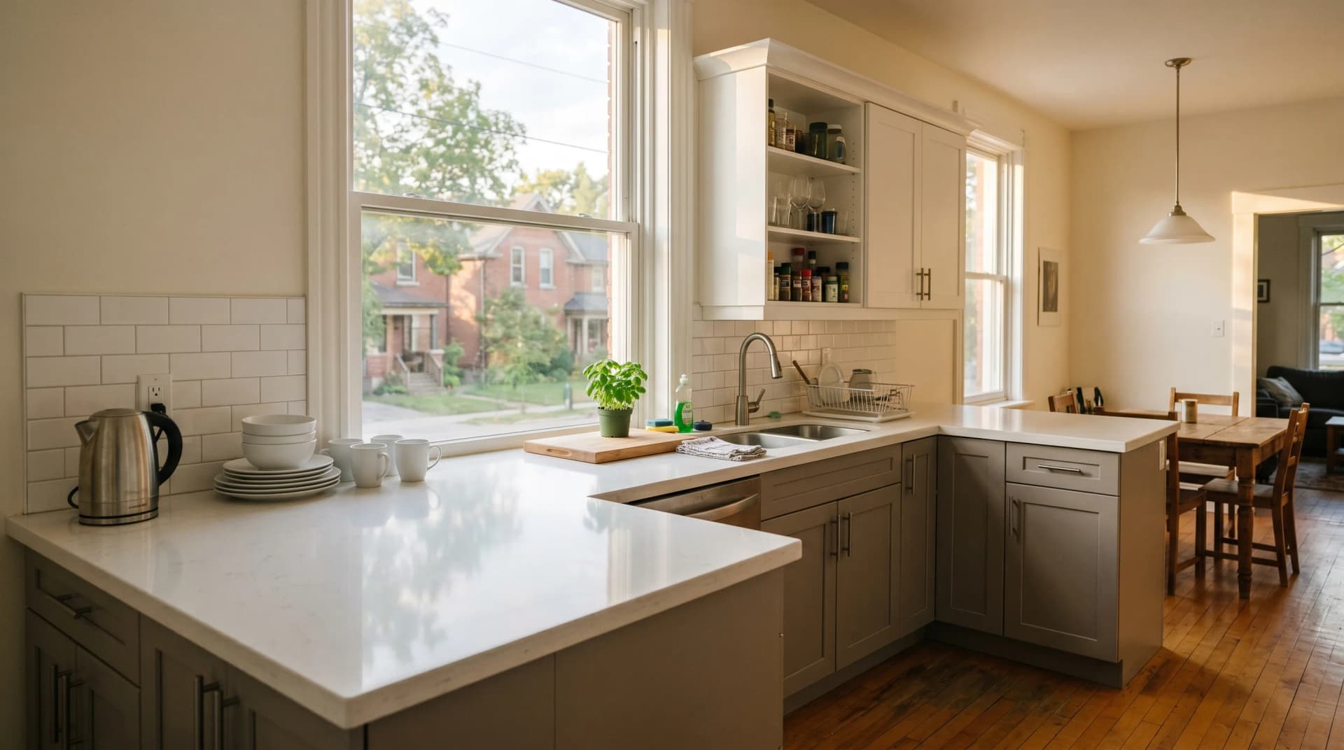 An Old University Guelph student-rental kitchen with a polished white quartz countertop with an eased edge on durable warm-grey cabinetry, a stainless kettle and stacked white ceramic plates suggesting frequent tenant turnover in warm afternoon light — Distinctive Form serves Guelph
