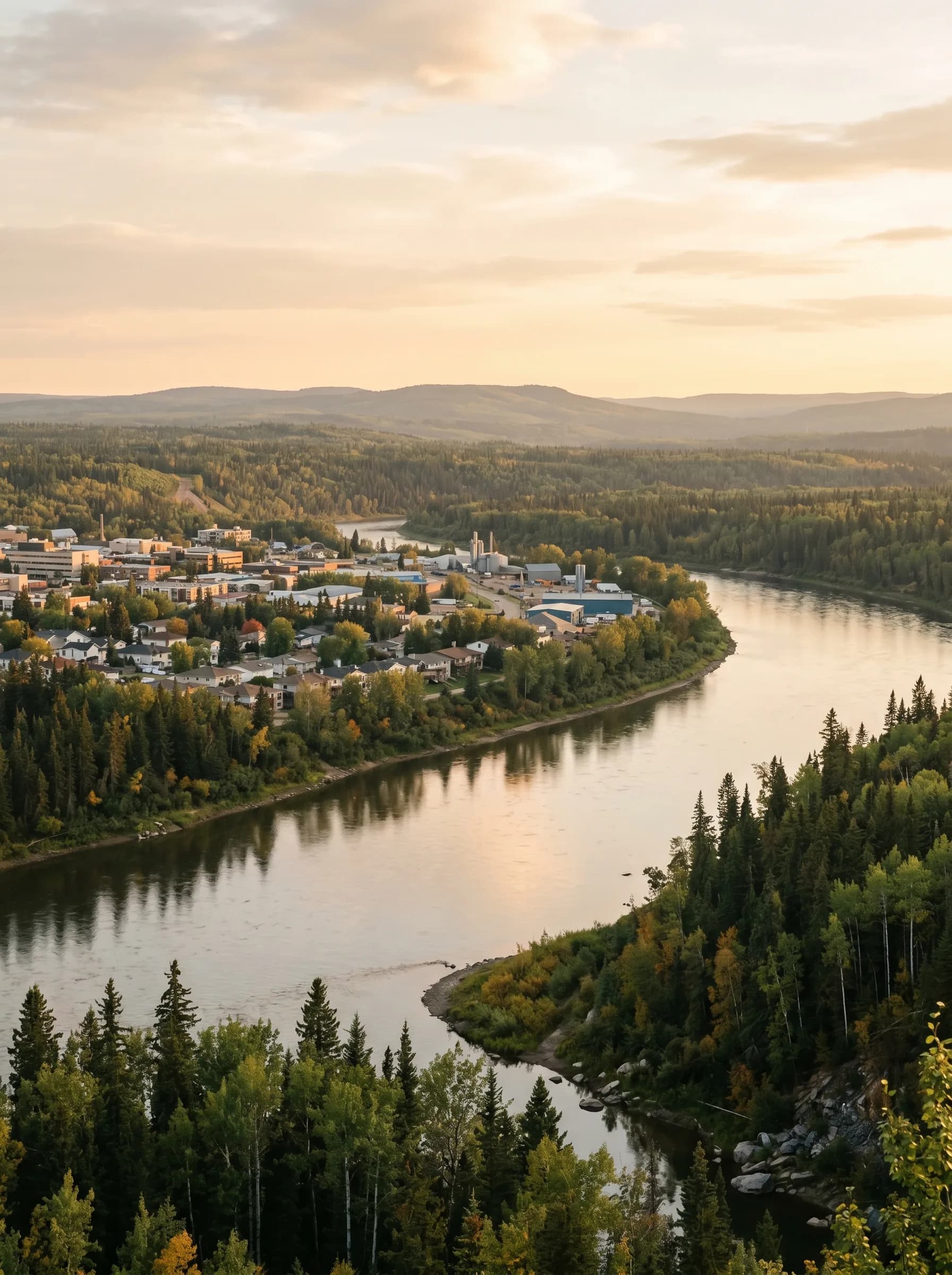 The Athabasca River winding past the Fort McMurray downtown skyline through boreal forest at early-autumn golden hour — Distinctive Form serves Fort McMurray and the Wood Buffalo Region