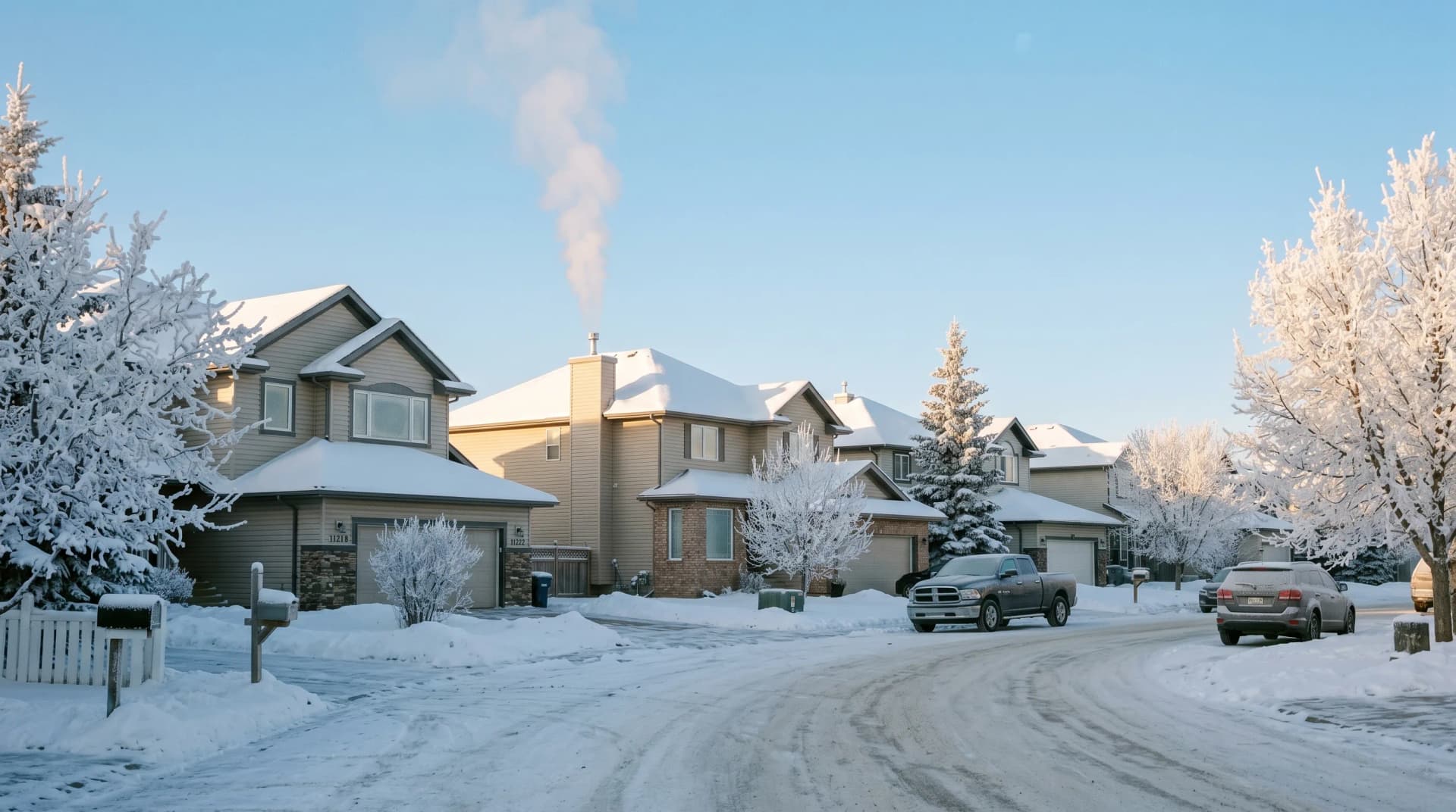 A Crystal Lake Estates or Westpointe Grande Prairie residential street in deep mid-winter at low-sun late-morning with heavy hoarfrost on bare birch trees, ice crystals in bitter cold air, and a chimney plume rising straight up — the extreme Peace Region cold Distinctive Form installs through for Grande Prairie
