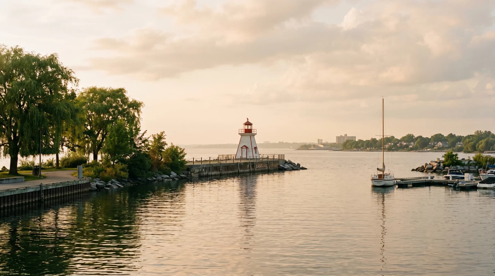 The Port Credit Lighthouse on a small breakwater pier with the calm waters of Lake Ontario in soft humid late-afternoon light — the lake-effect humidity Distinctive Form designs Mississauga waterfront installations to handle