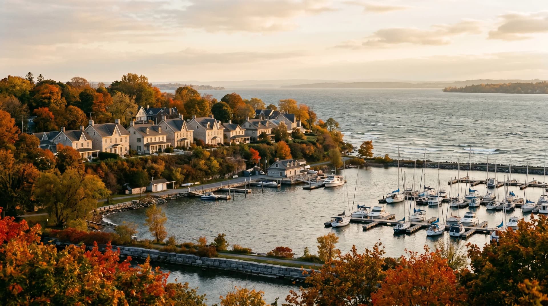 The Portsmouth Kingston waterfront on the St. Lawrence River in late-autumn golden hour with limestone-and-clapboard homes on a low bluff, white-capped lake-effect chop on the water and moored sailing yachts in the protected bay — Distinctive Form serves Kingston