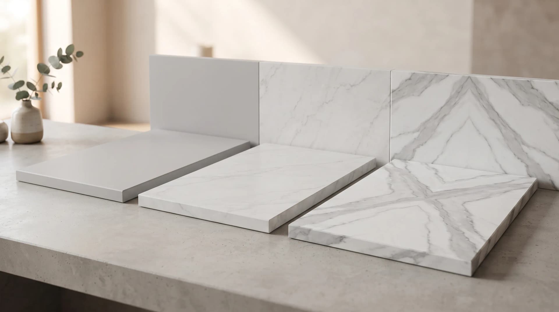 Three porcelain countertop samples representing entry-level, mid-range, and premium price tiers side by side