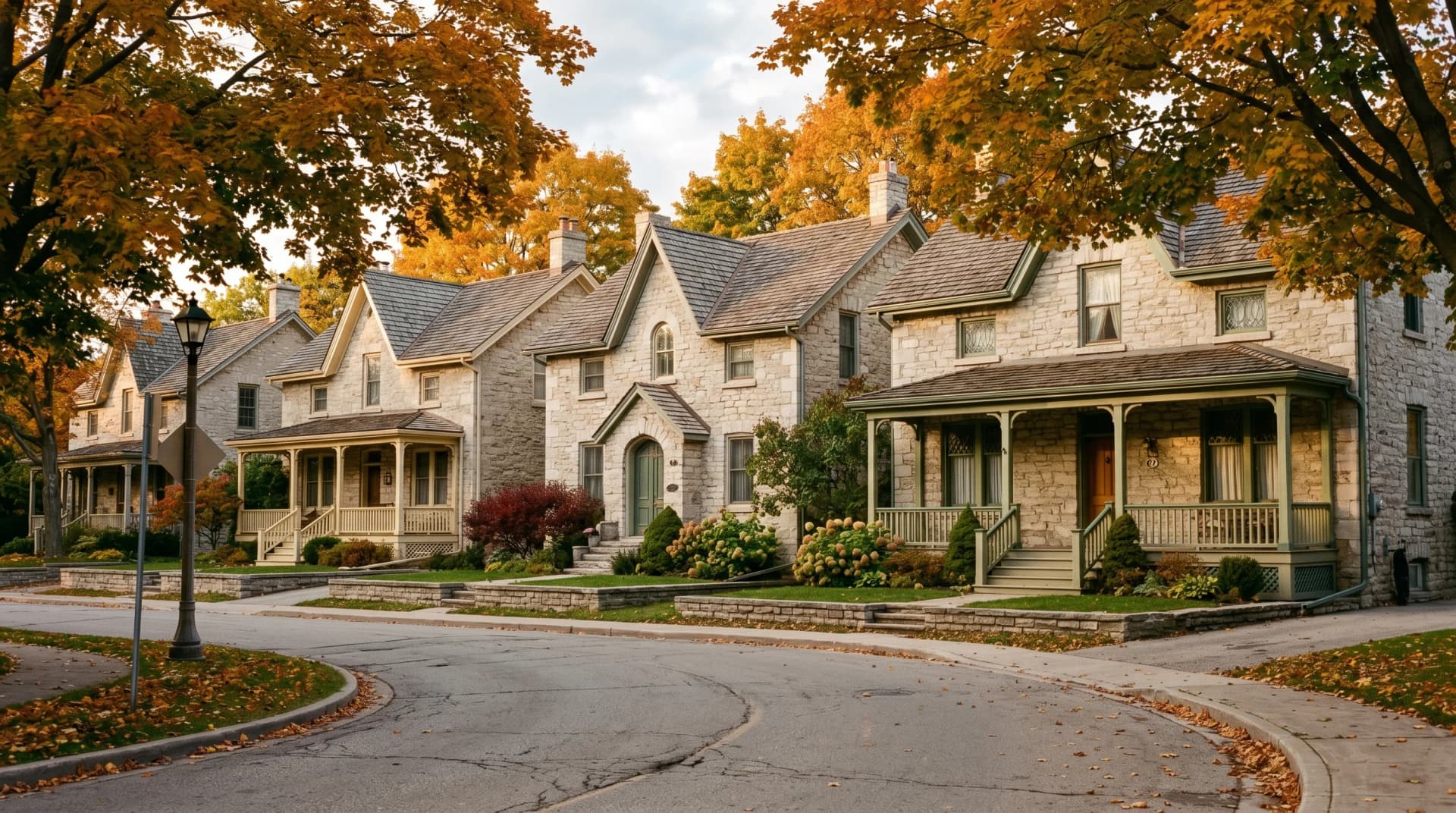 A preserved 1860s Old University Guelph limestone heritage street with pale-grey rough-cut Guelph-limestone fronts, arched stone doorways, deep porches and leaded-glass windows under an arching canopy of amber autumn maples — Distinctive Form serves Guelph