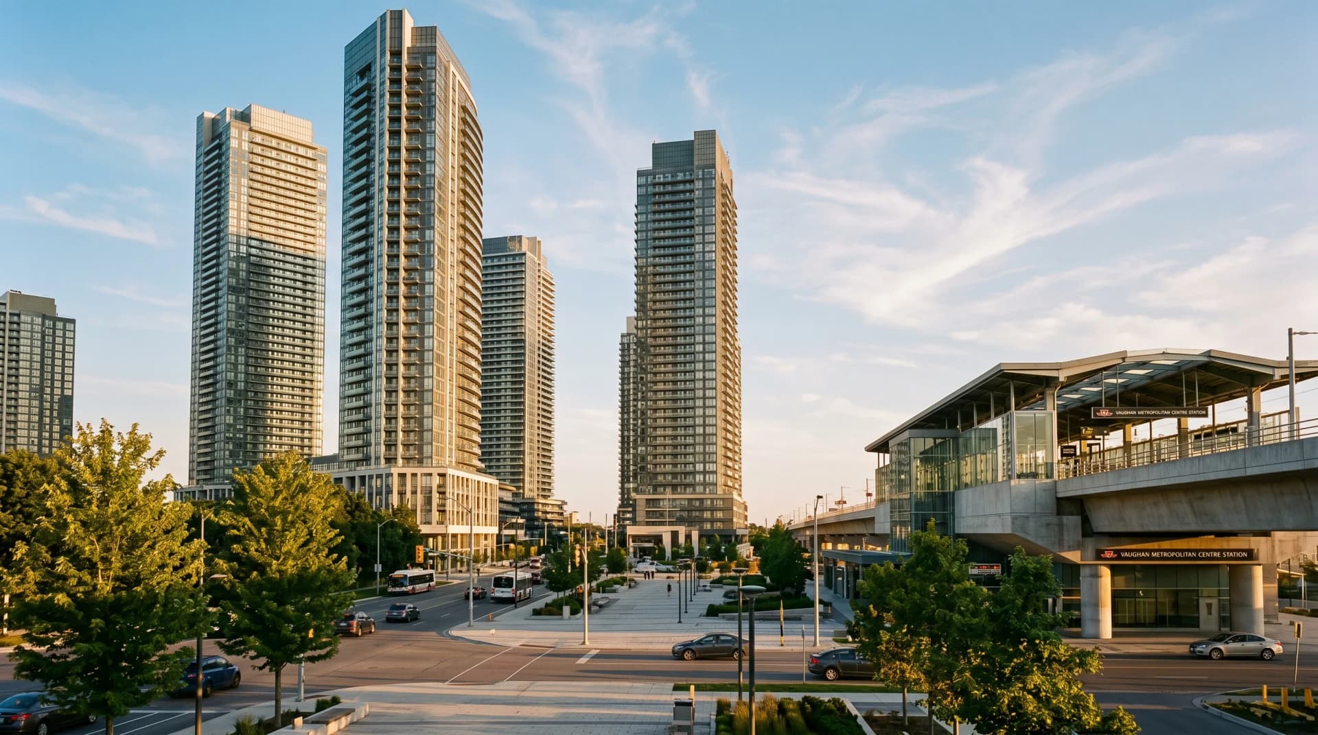 The Vaughan Metropolitan Centre condo-tower cluster with soaring glass-and-steel towers above the elevated TTC subway platform and a wide urban plaza at golden hour — Distinctive Form serves Vaughan