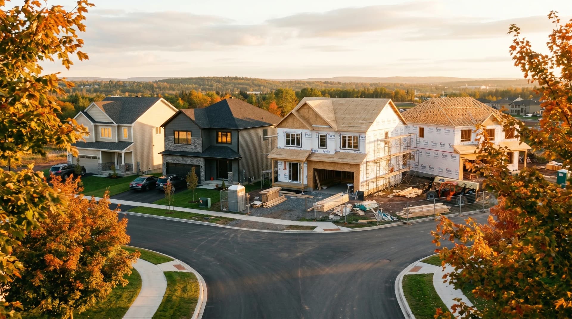A brand-new Dieppe or Riverview Tri-Community subdivision in active construction with completed two-story homes, framed houses still under Tyvek wrap, fresh sod, and Acadian maples at golden hour — Distinctive Form serves Moncton