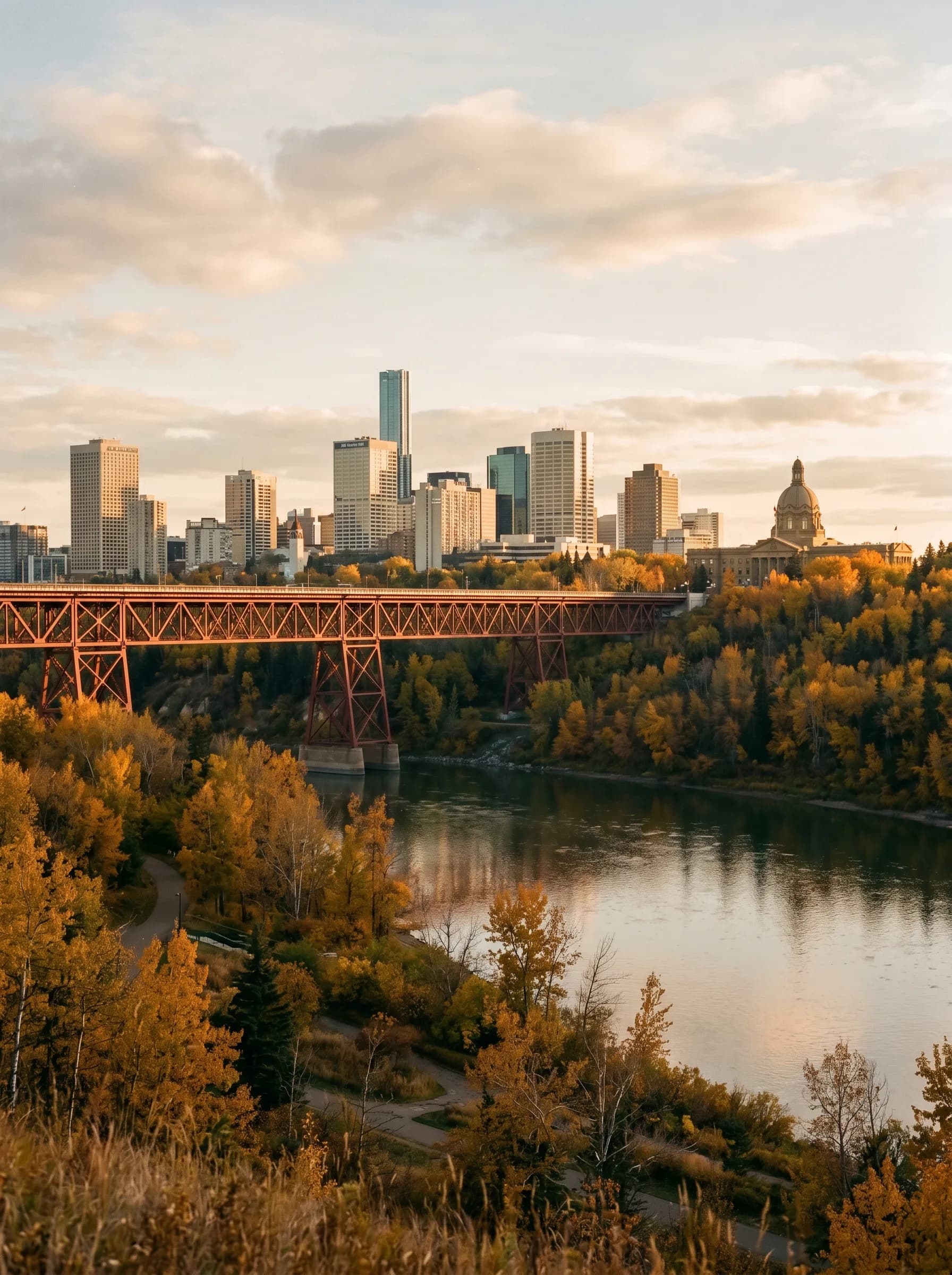 The High Level Bridge over the North Saskatchewan River with the downtown Edmonton skyline and Alberta Legislature dome at autumn golden hour — Distinctive Form serves the Edmonton Capital Region