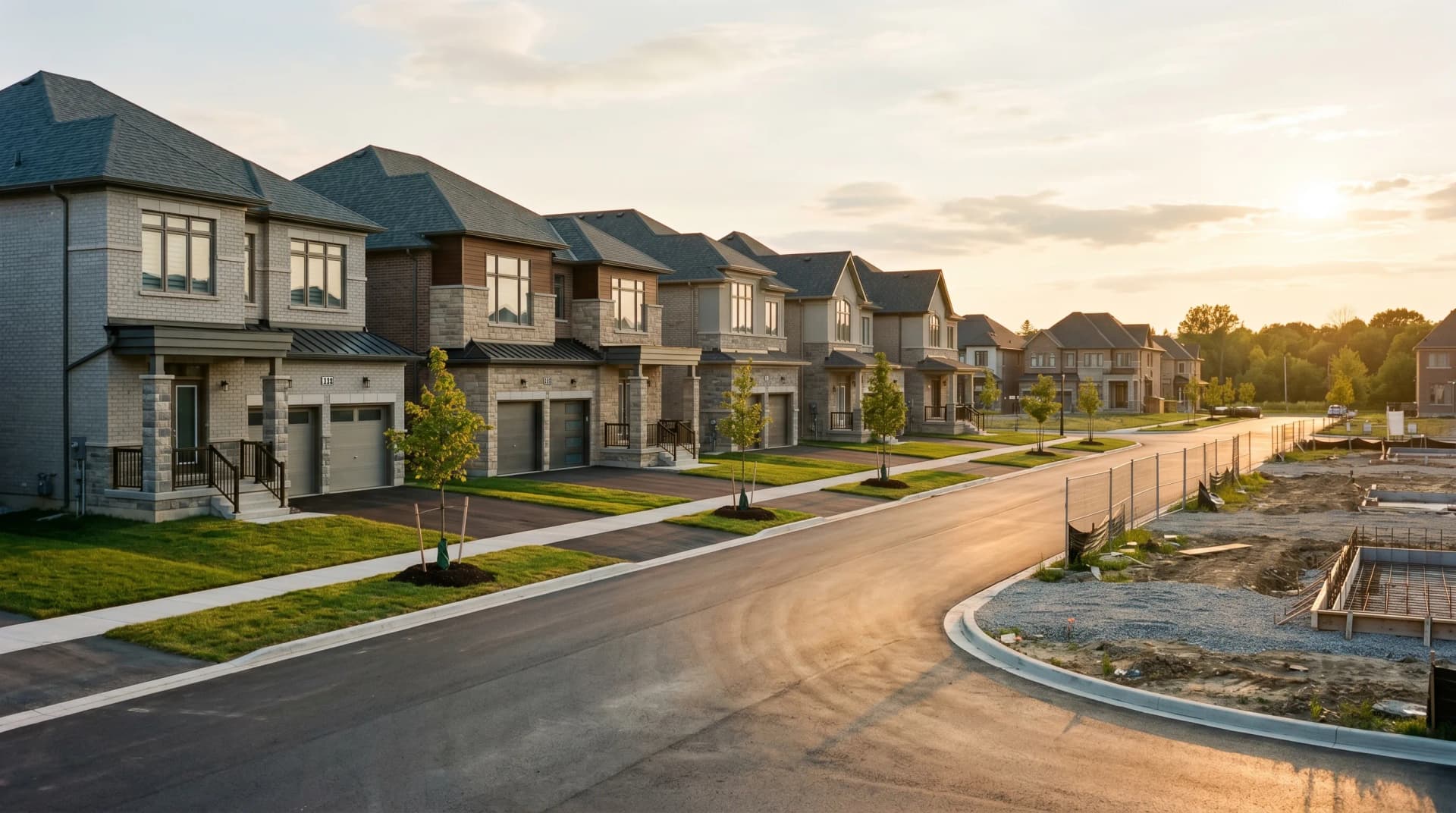 A brand-new Cornell-style Markham subdivision with newly completed brick-and-stone two-story homes, fresh sod and young saplings, and cleared lots still being prepared — Distinctive Form serves Markham