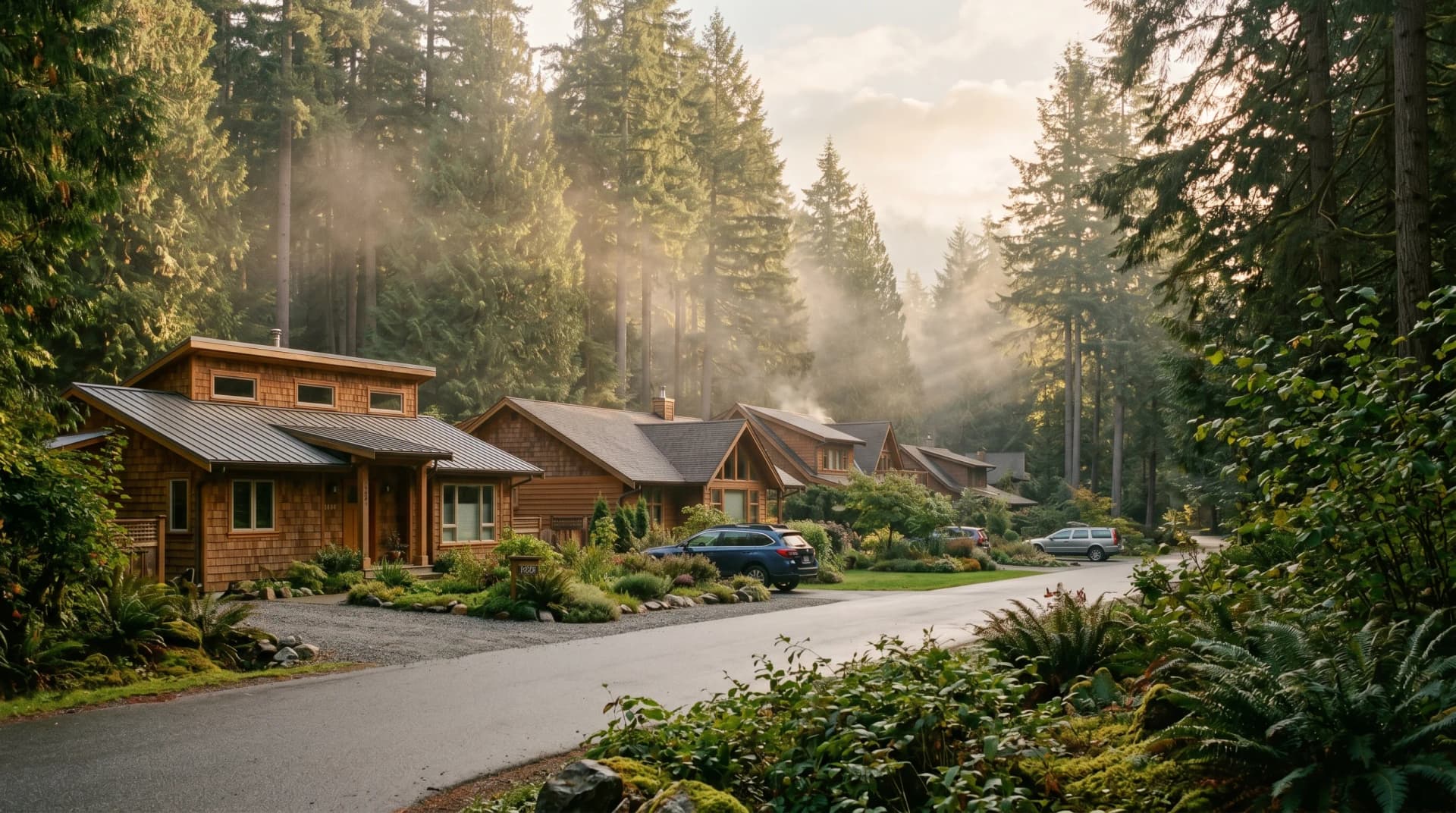 A Lynn Valley North Vancouver residential street nestled deep among coastal rainforest at golden hour with cedar-shingle homes, towering Douglas-firs and western red cedars, drifting forest mist, and an understory of sword ferns and salal — Distinctive Form serves North Vancouver