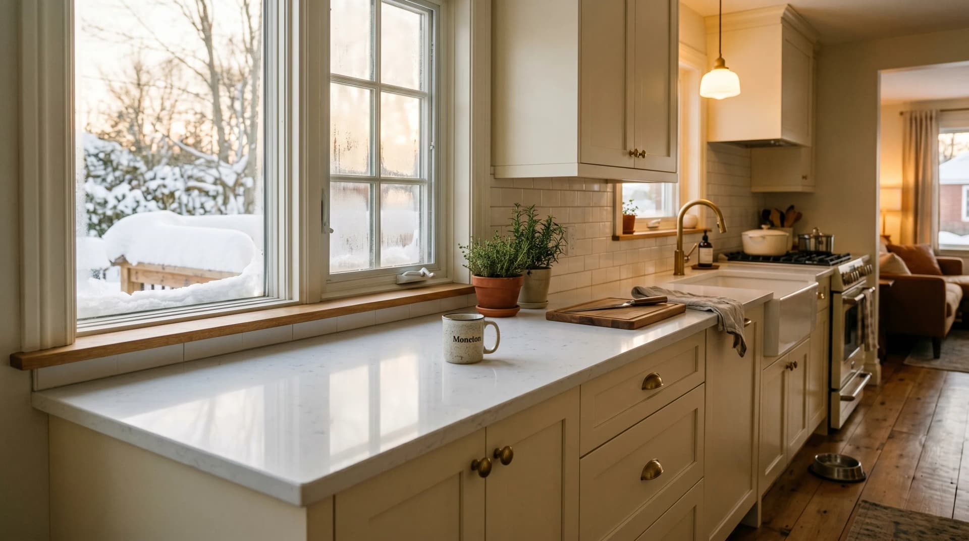 A renovated older West End Moncton kitchen in winter with a polished white engineered quartz countertop on an eased edge, cream shaker cabinets, brushed-brass hardware, and fresh snow piled on a fogged windowsill outside — Distinctive Form serves Moncton
