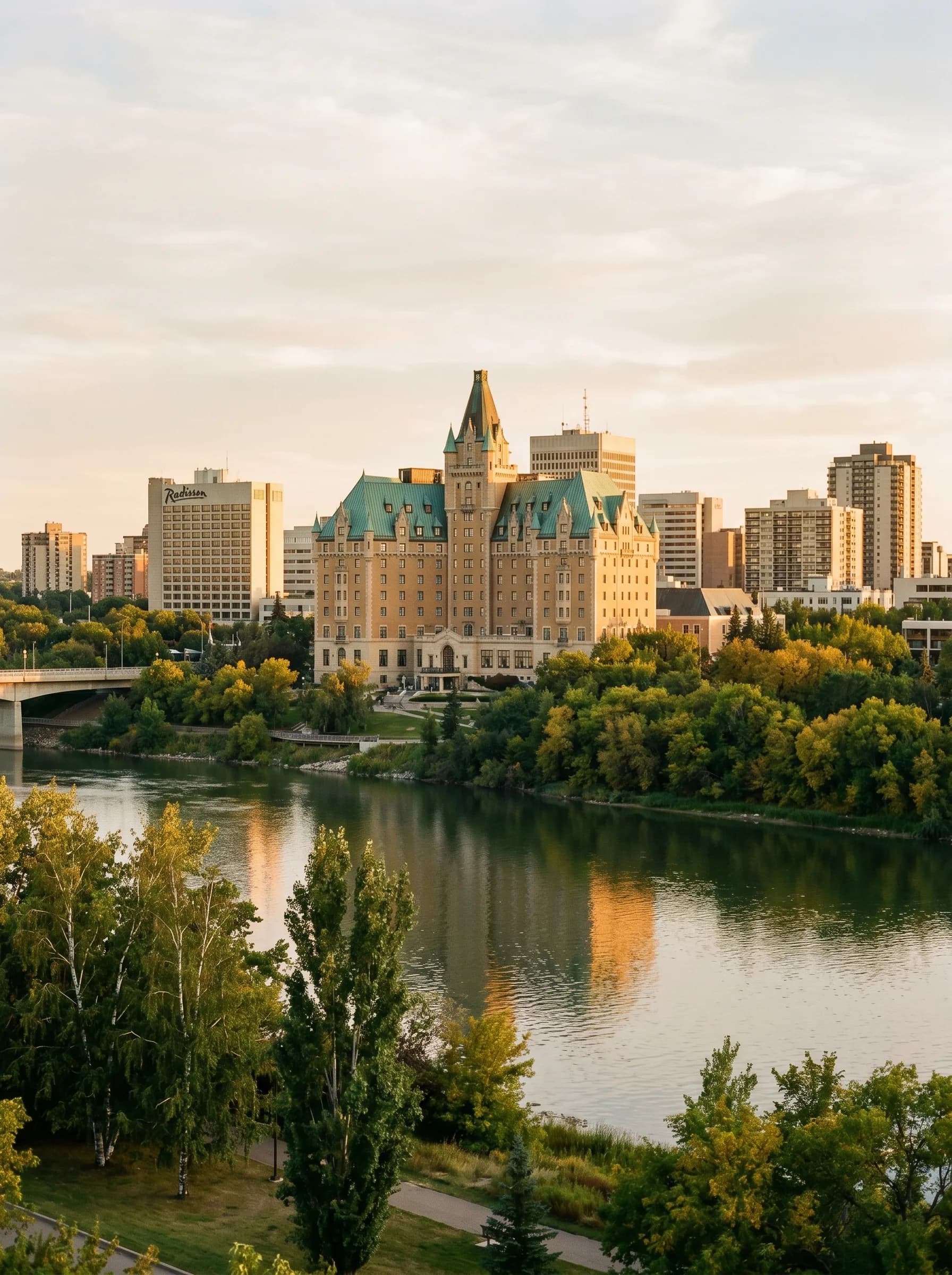 The Delta Bessborough Hotel above the South Saskatchewan River with downtown Saskatoon at golden hour — Distinctive Form serves Saskatoon and the surrounding region