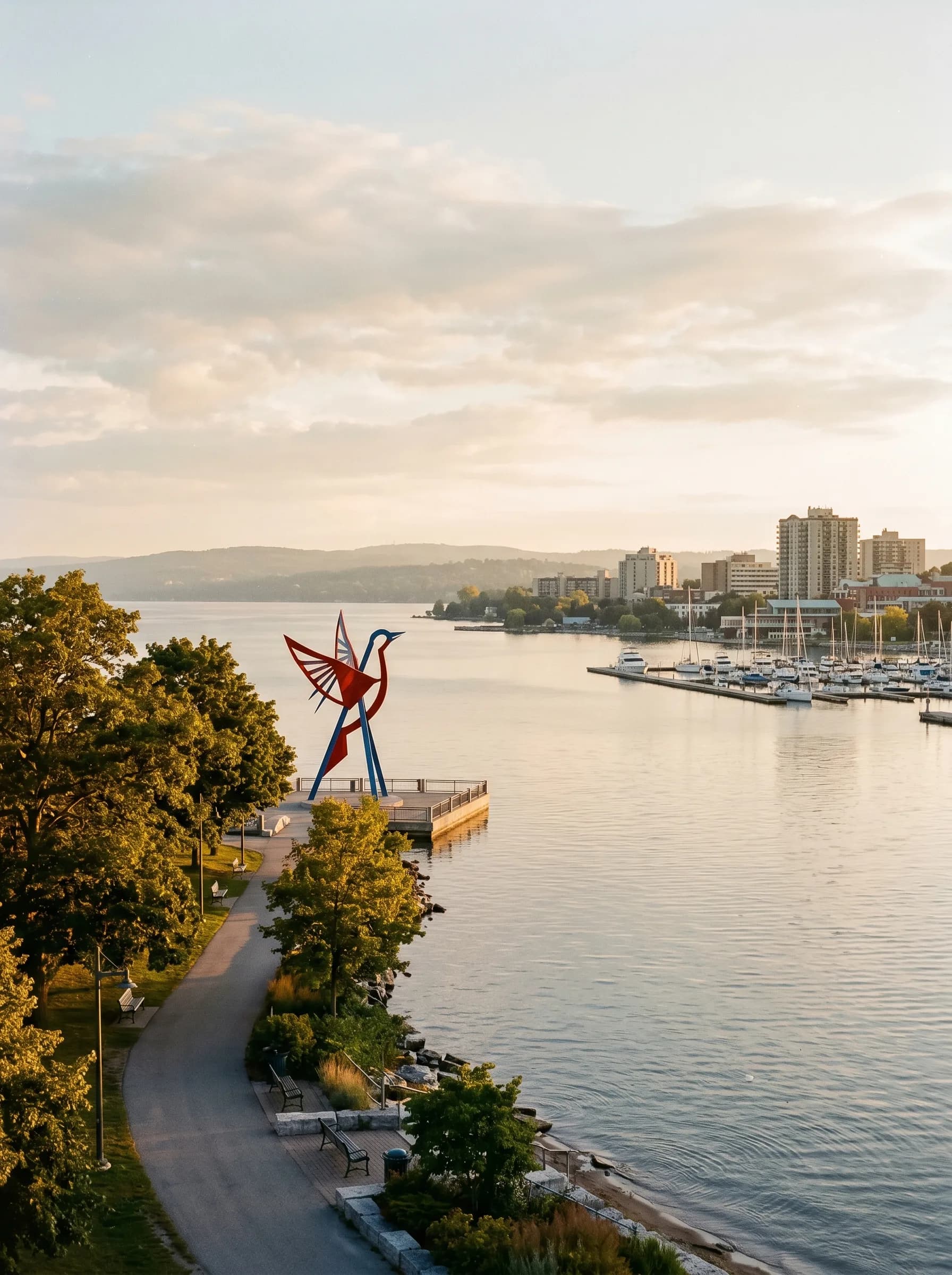 The Kempenfelt Bay shoreline of Lake Simcoe with the Spirit Catcher sculpture on the pier and the modest downtown Barrie skyline at golden hour — Distinctive Form serves Barrie and Simcoe County
