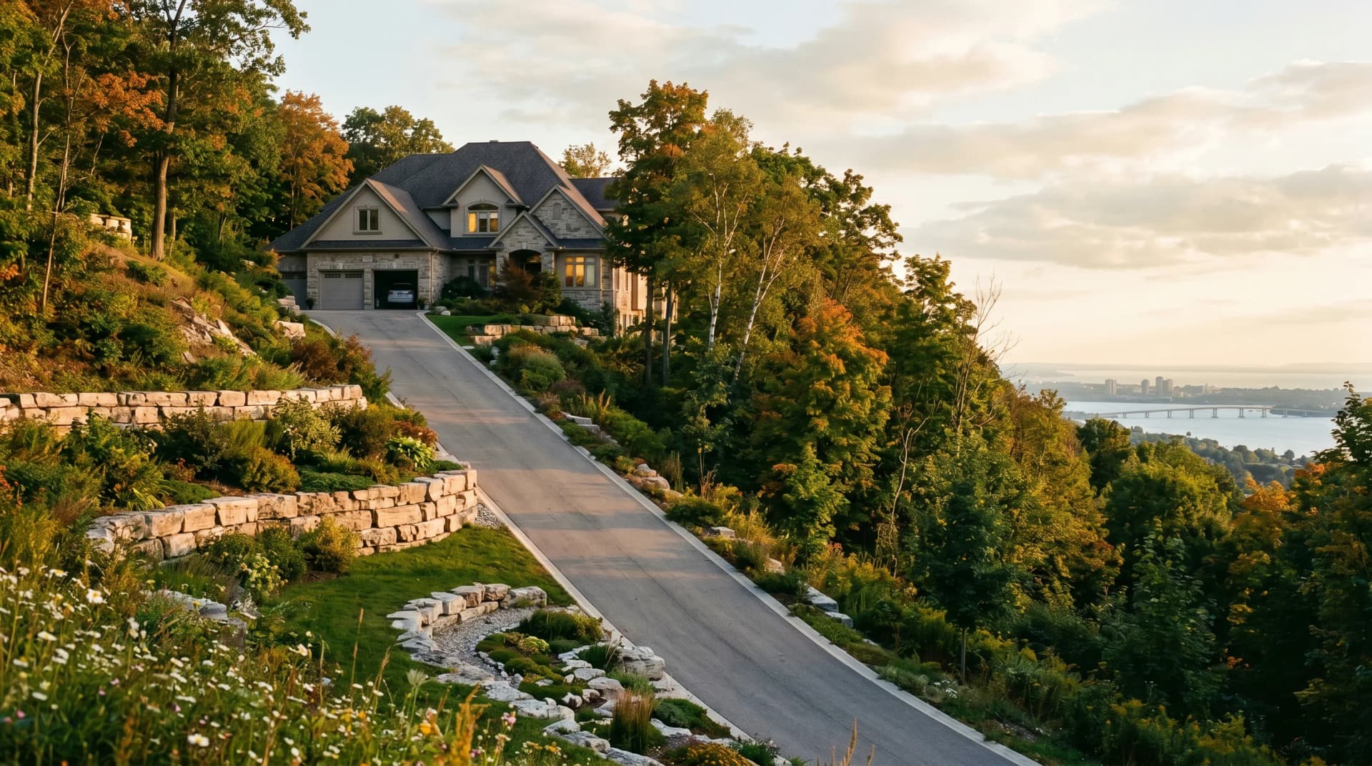 A steep hillside Tyandaga driveway climbing the Niagara Escarpment toward a 1990s executive home with terraced Niagara-limestone retaining walls, mature maples framing the slope and Burlington Bay glimmering far below — Distinctive Form serves Burlington