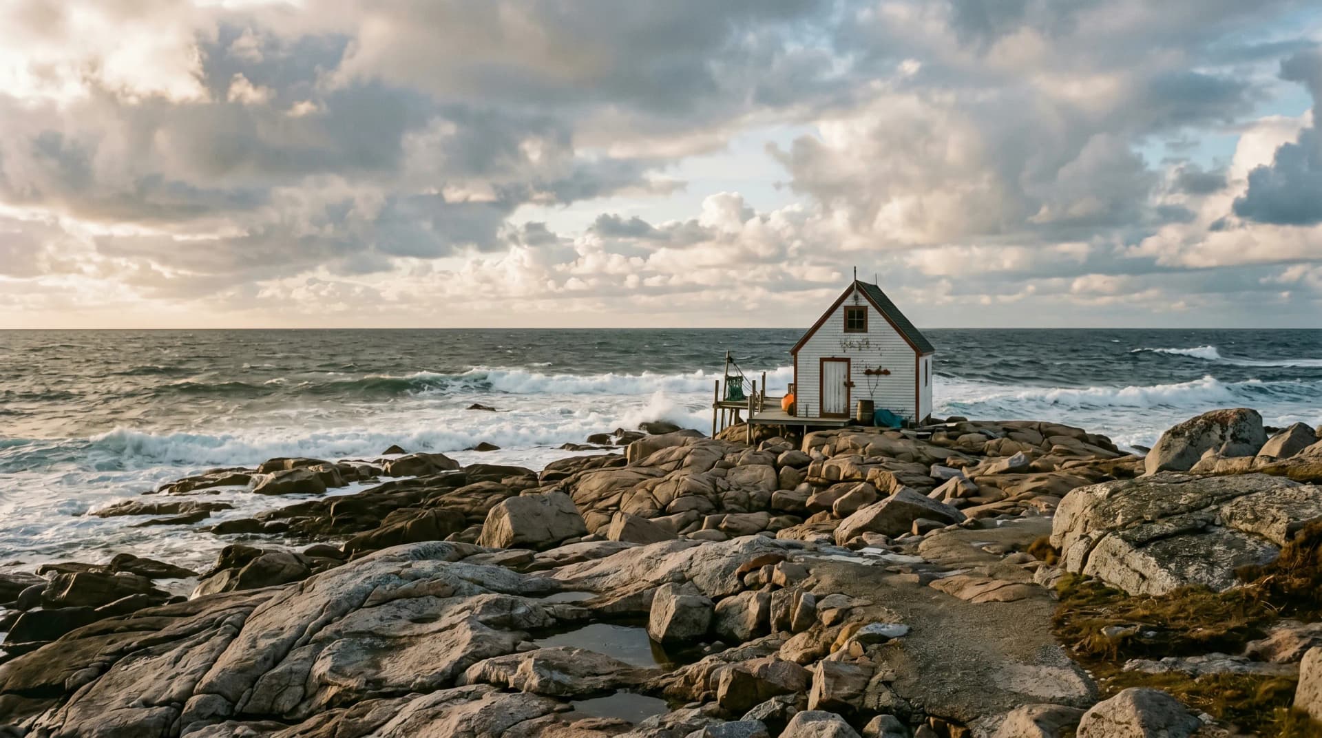 A rugged Atlantic-coast shoreline near Halifax with wave-polished granite, a weathered fisherman's shack, and the open ocean under dramatic clearing storm clouds — the Atlantic storm exposure and salt air Distinctive Form designs Halifax installations to withstand