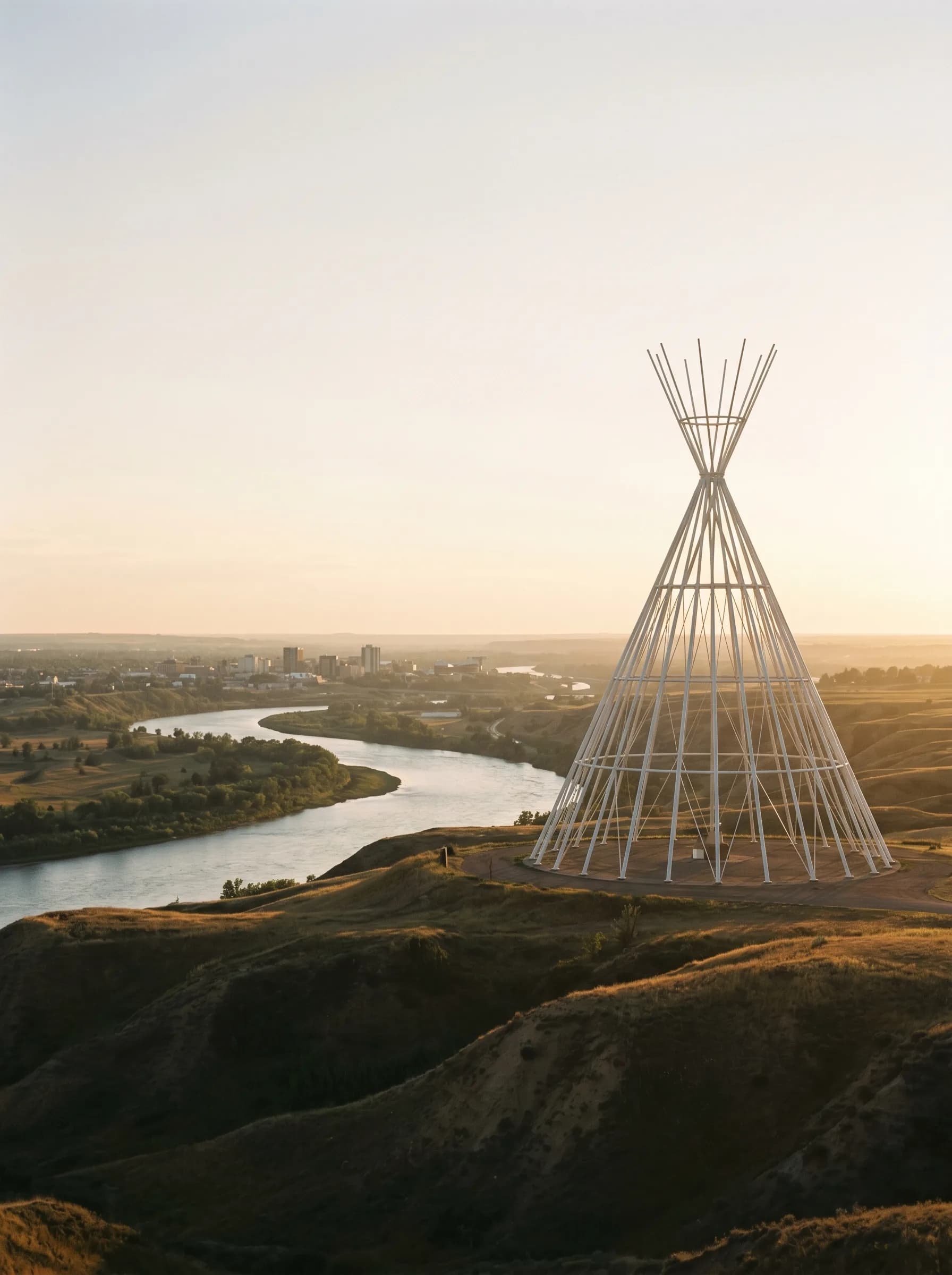 The Saamis Teepee landmark above the South Saskatchewan River with the Medicine Hat downtown skyline beyond at golden hour — Distinctive Form serves Medicine Hat and southeast Alberta