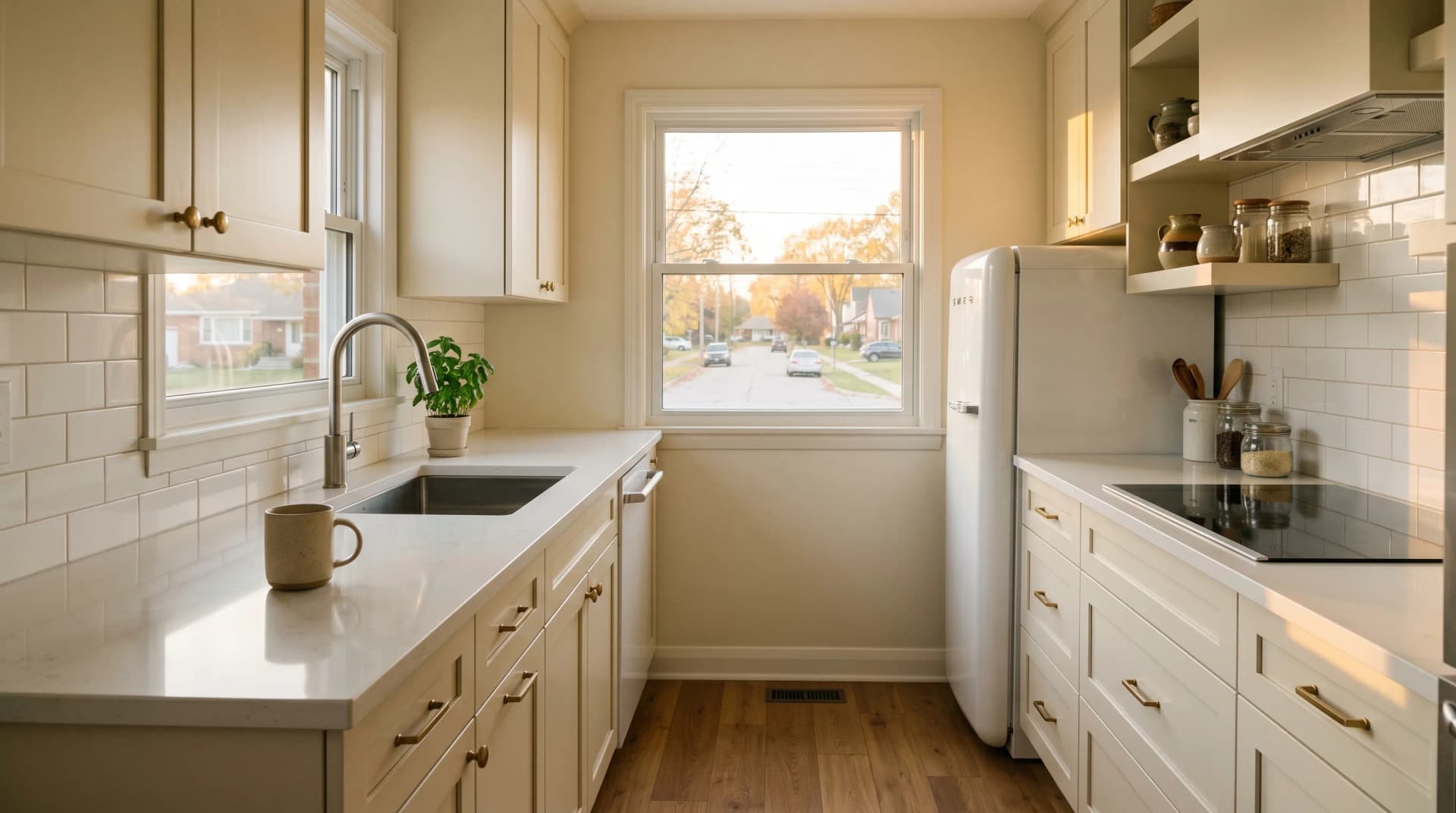 A renovated 1950s South Windsor postwar galley kitchen with a polished white quartz countertop with an eased edge on cream shaker cabinetry and a deep undermount sink under a small window in warm afternoon light — Distinctive Form serves Windsor