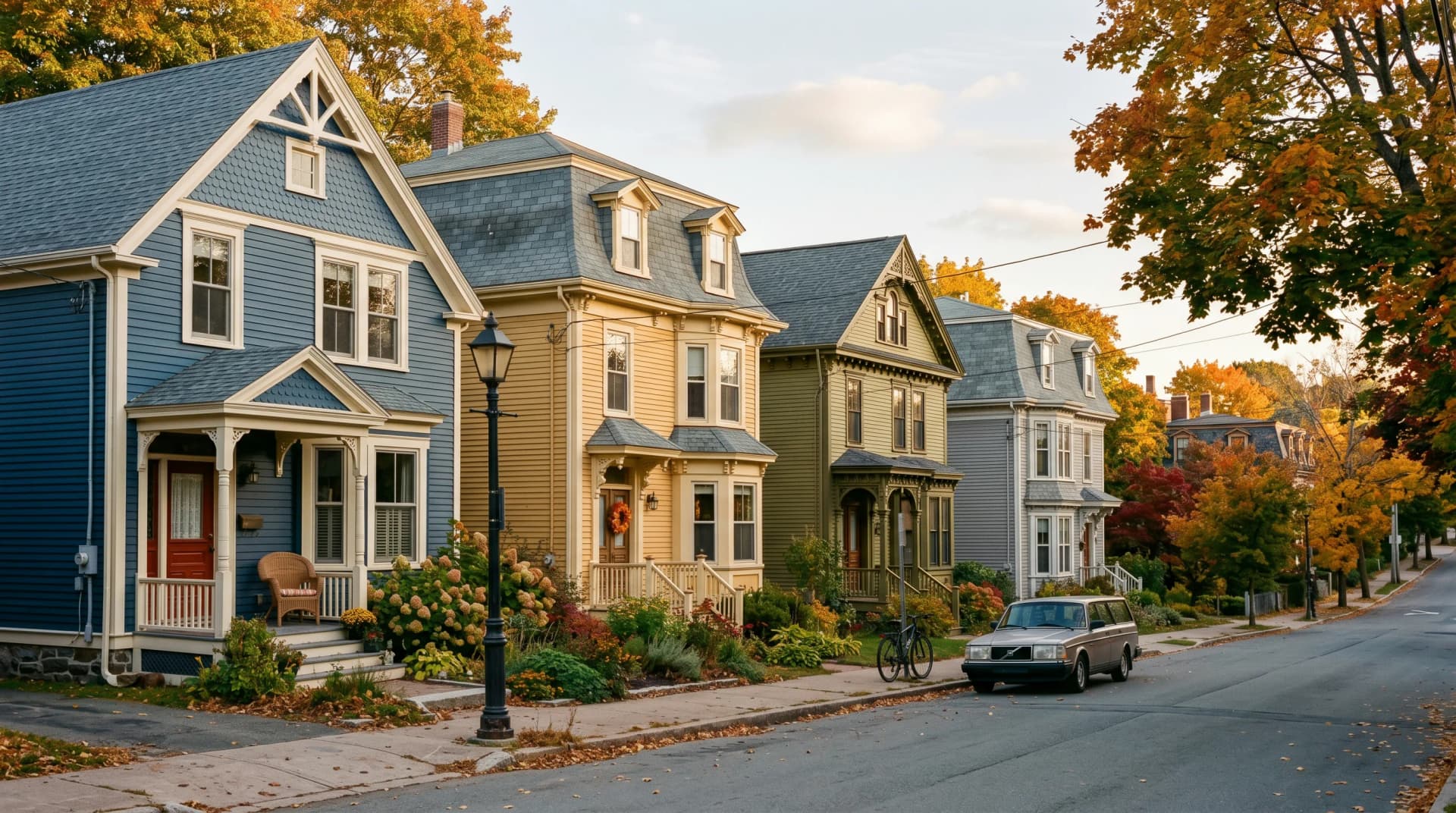 A heritage residential street in the South End of Halifax with 19th-century wooden clapboard homes, mansard roofs, and amber early-autumn maples overhead — the Maritime heritage homes Distinctive Form serves across the HRM