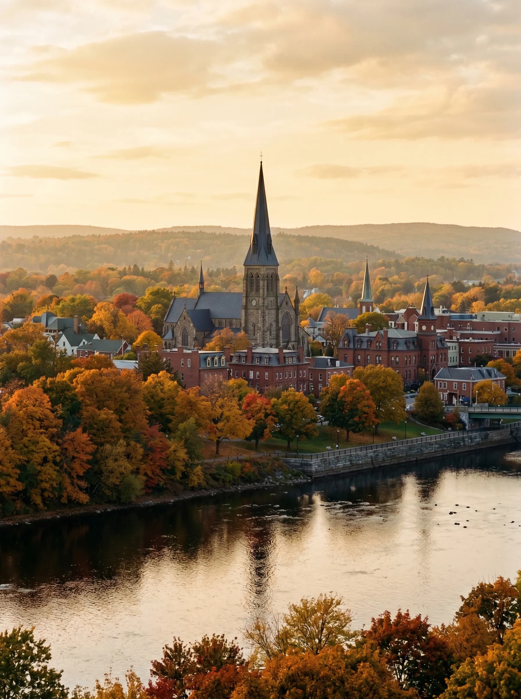 The Saint John River waterfront in downtown Fredericton with Christ Church Cathedral and surrounding red-brick Victorian buildings framed by amber autumn maples — Distinctive Form serves Fredericton and central New Brunswick