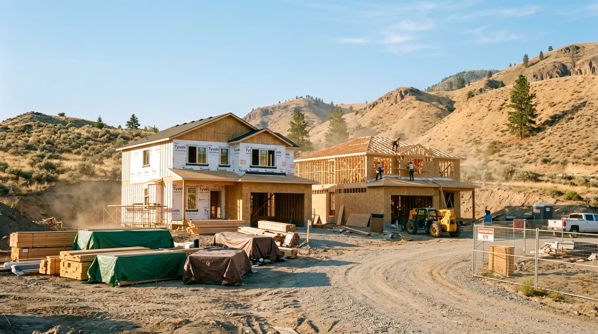 An active Juniper Ridge or Aberdeen Kamloops new-construction site at golden hour in the dry season with newly-framed two-story homes, fresh lumber stacked under tarps, the arid sage-and-tan hillside backdrop, fine dust in the air, and a clear pale-blue sky — Distinctive Form serves Kamloops