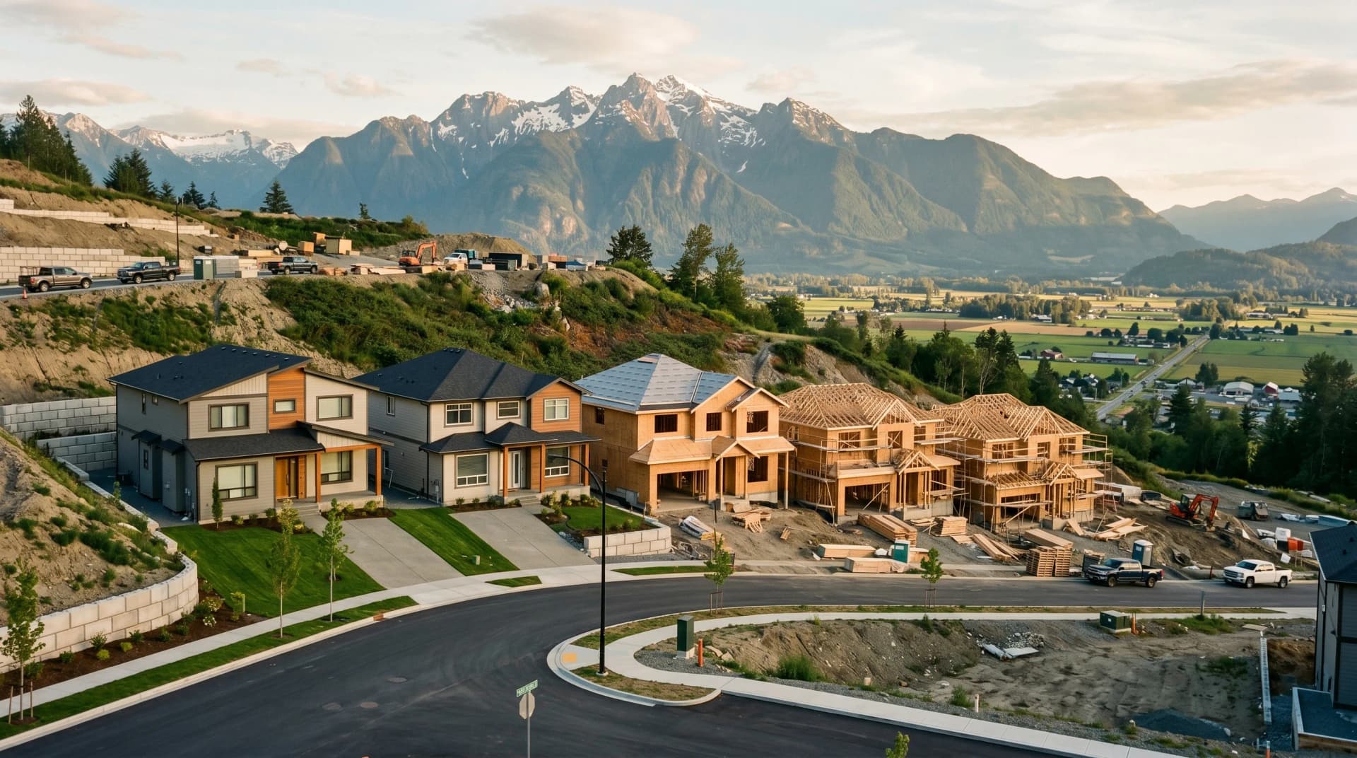 A brand-new Promontory or Sardis Chilliwack hillside subdivision in active construction at golden hour with 2020s two-story homes terraced into the slope in mixed completion stages and the snow-capped Mount Cheam rising on the horizon — Distinctive Form serves Chilliwack