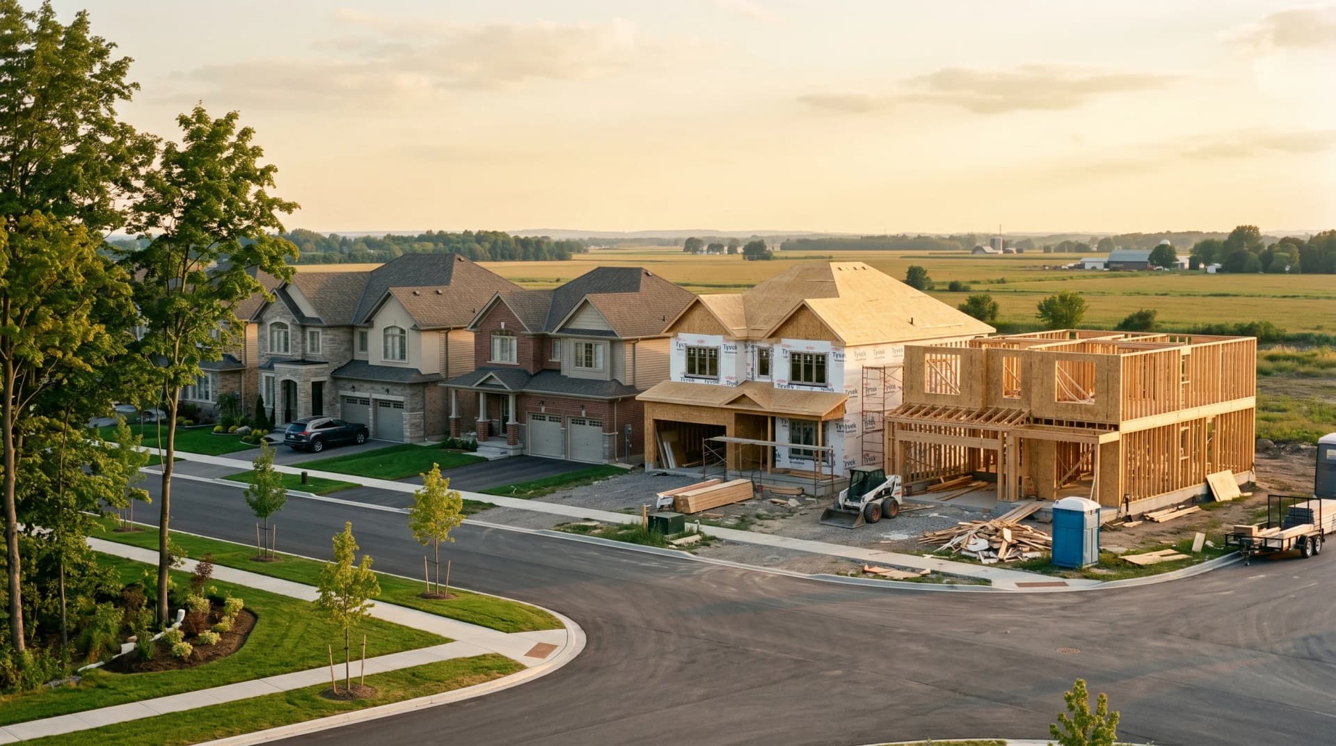 A new Kedron Oshawa northward-expansion subdivision in active construction at golden hour with finished two-story homes and fresh sod on the left, exposed framing and Tyvek wrap on the right, and the flat Durham Region farmland horizon beyond — Distinctive Form serves Oshawa