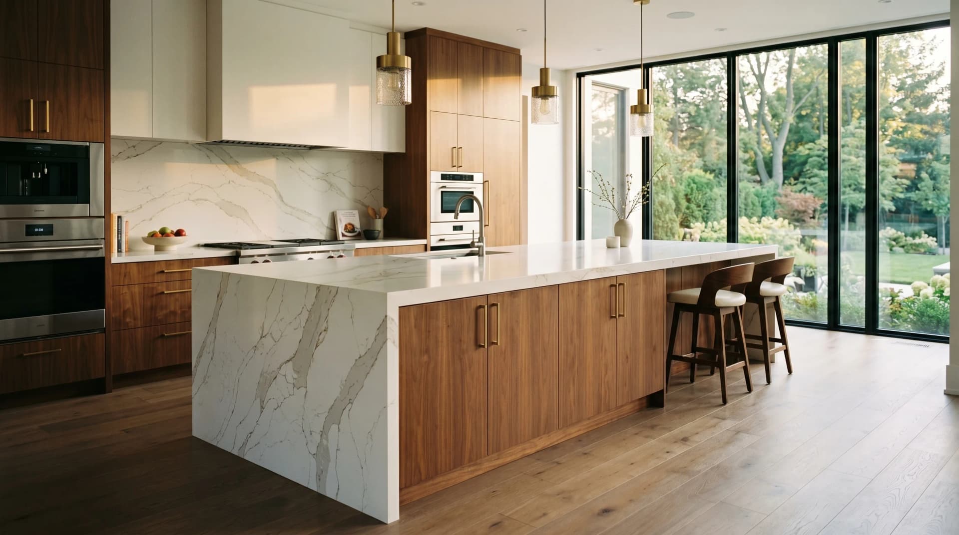 A Glen Abbey luxury custom-home kitchen with a 12-foot polished white quartz waterfall island with a mitered edge and seamlessly book-matched veining on walnut cabinetry beside soaring full-height windows onto a manicured garden — Distinctive Form serves Oakville